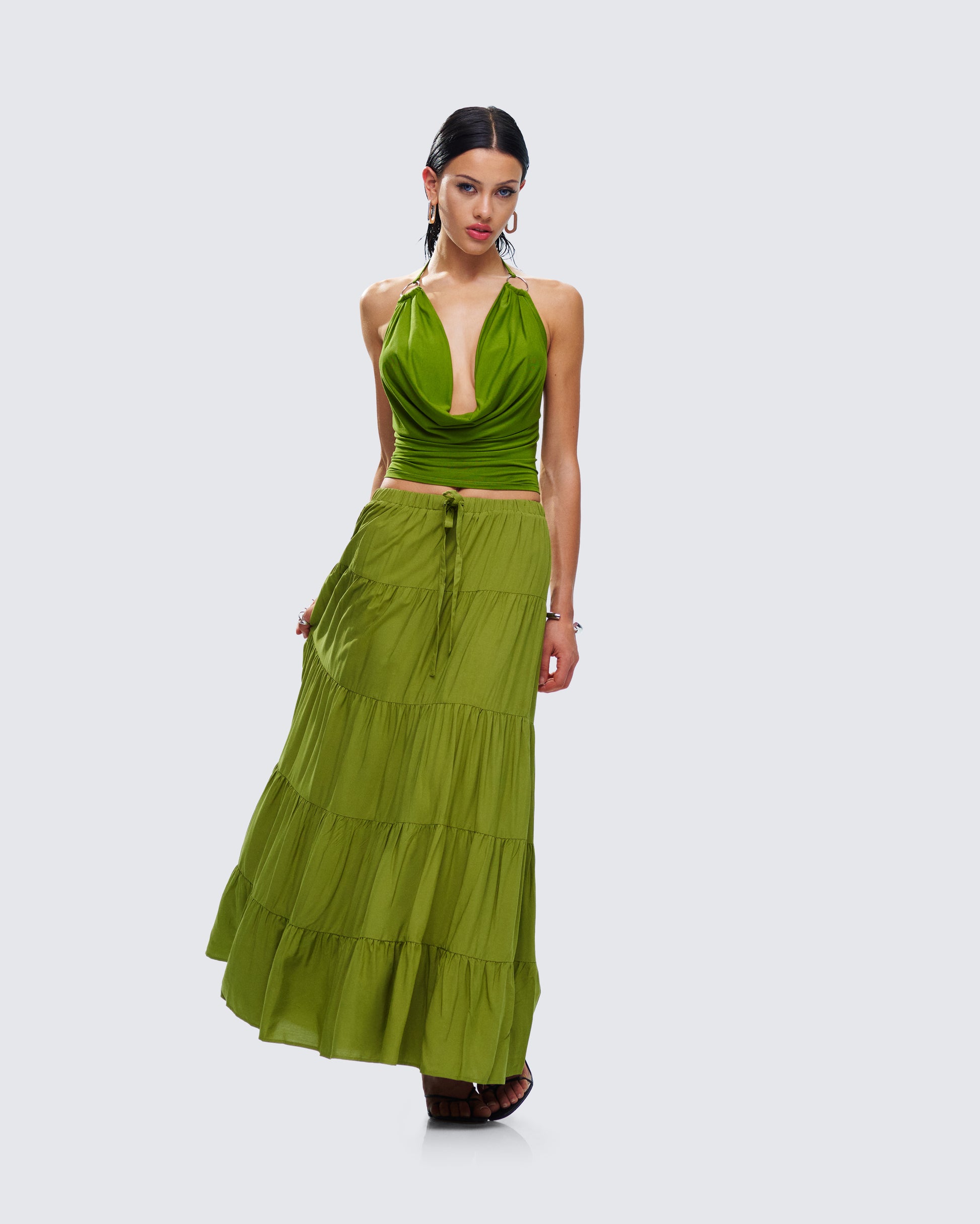 Green Halter Two-Piece Set - Crop Top Maxi Skirt FINESSE Green Halter Two-Piece Set - Crop Top Maxi Skirt FINESSE