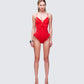 Dimah Red Ruched Frill Swimsuit model front