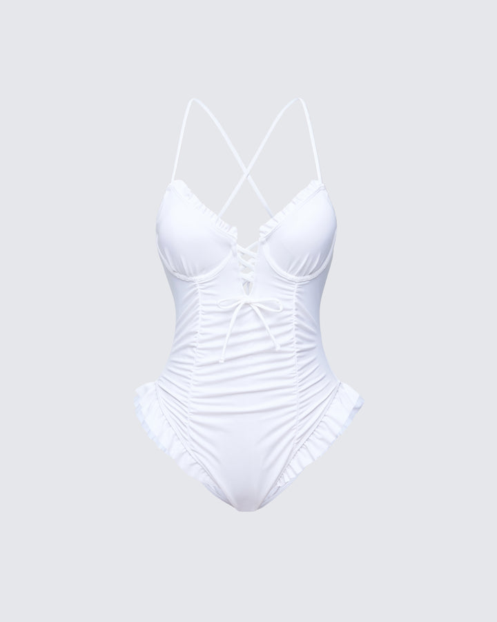 Dimah White Ruched Frill Swimsuit