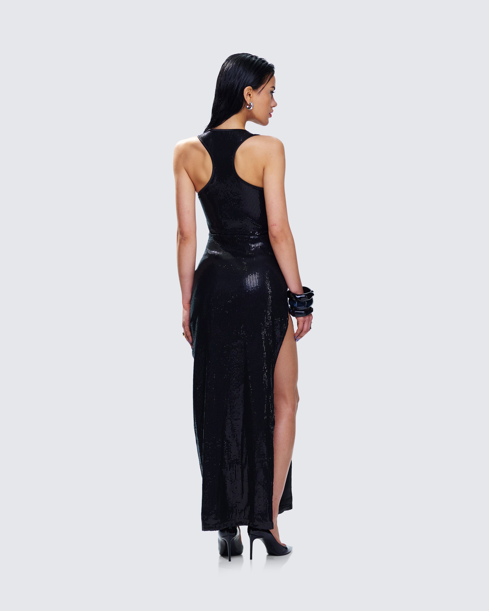 Black Sequin Maxi Dress - Racerback Tank Style FINESSE Black Sequin Maxi Dress - Racerback Tank Style FINESSE