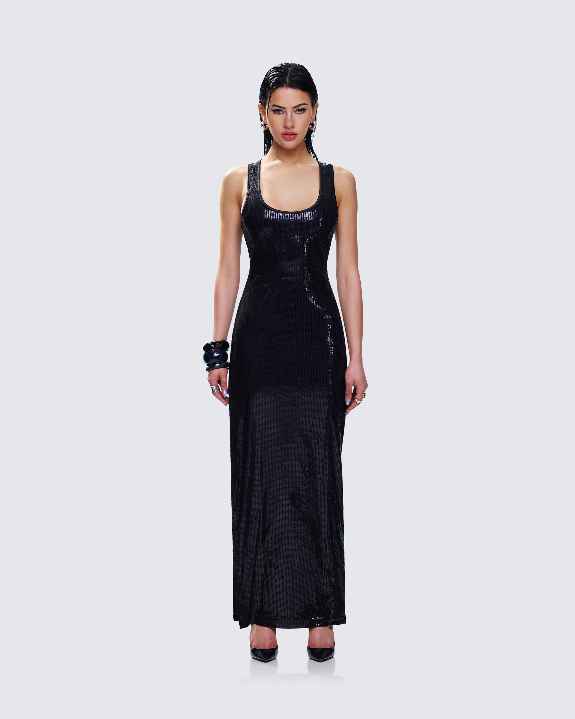 Black Sequin Maxi Dress - Racerback Tank Style FINESSE Black Sequin Maxi Dress - Racerback Tank Style FINESSE