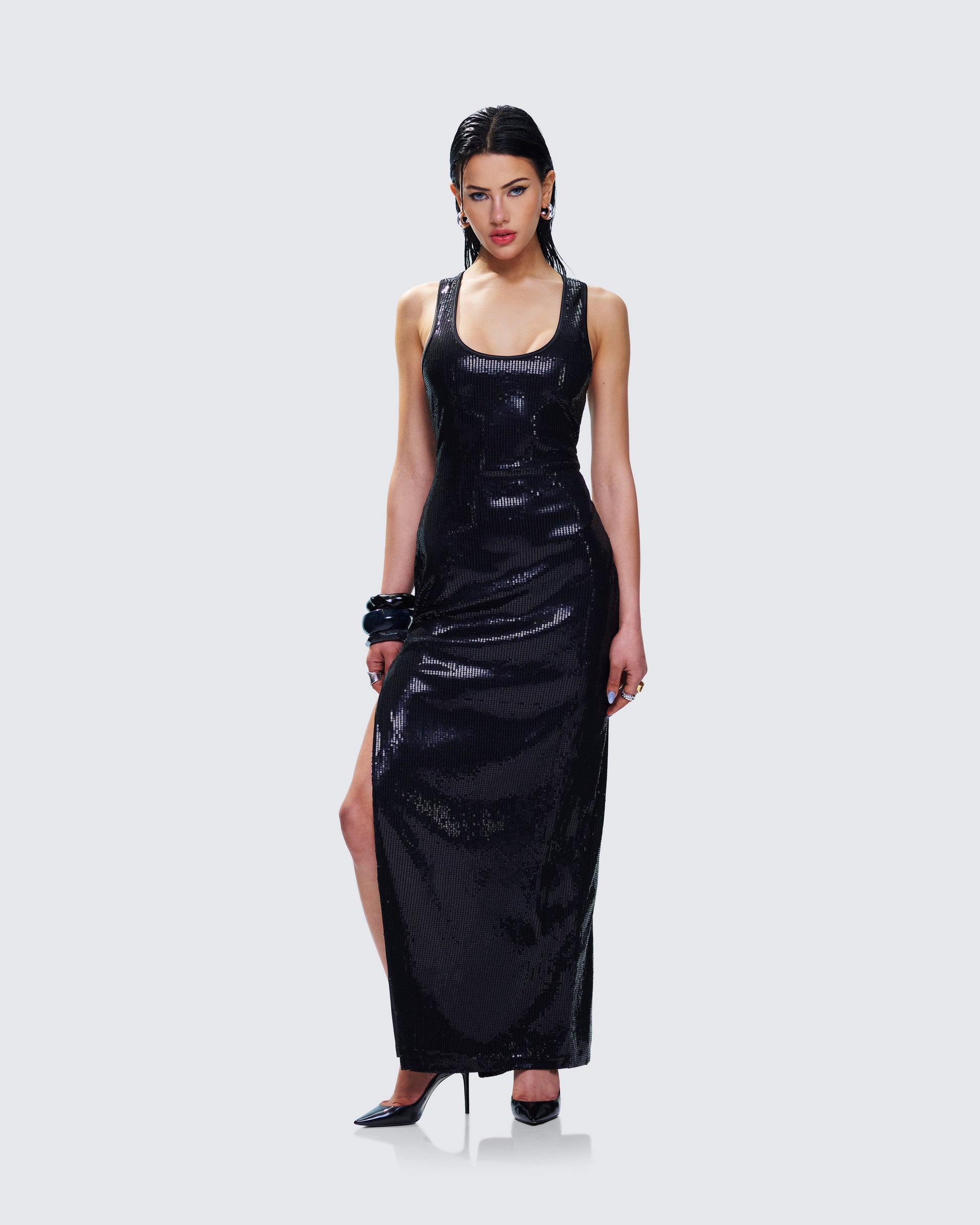 Black Sequin Maxi Dress - Racerback Tank Style FINESSE Black Sequin Maxi Dress - Racerback Tank Style FINESSE