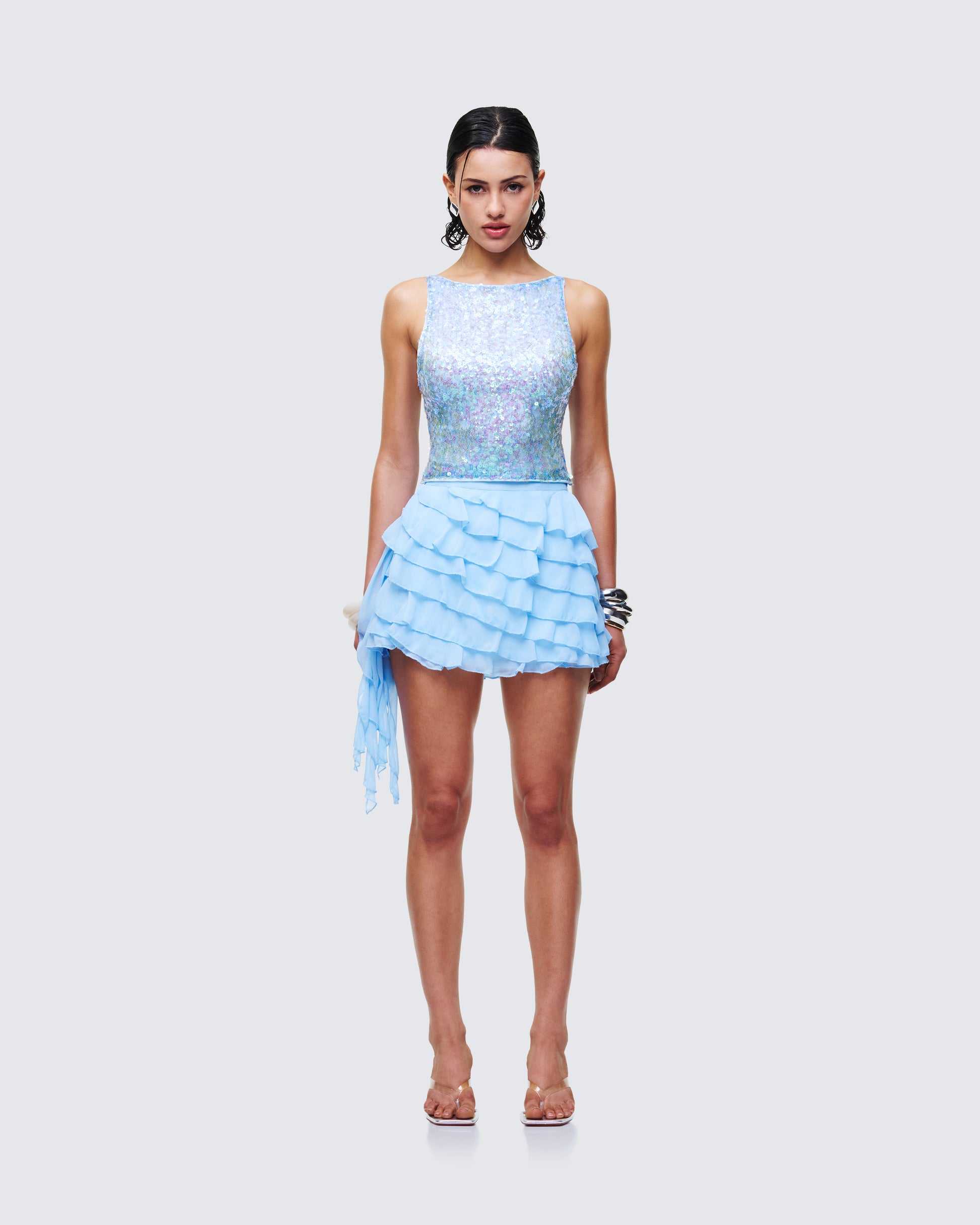 Women's blue matching set styled on model – FINESSE