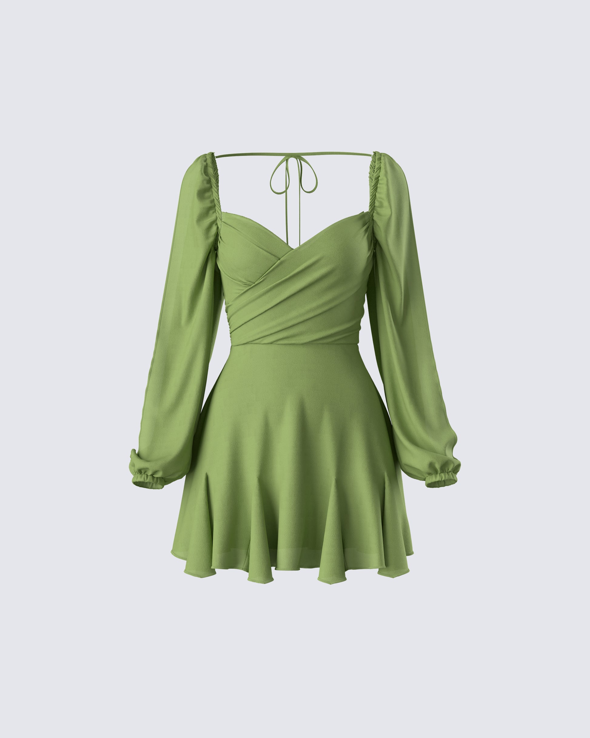 Green Satin Mini Dress - Long Sleeve Cross Front Party FINESSE Green Satin Mini Dress - Long Sleeve Cross Front Party FINESSE