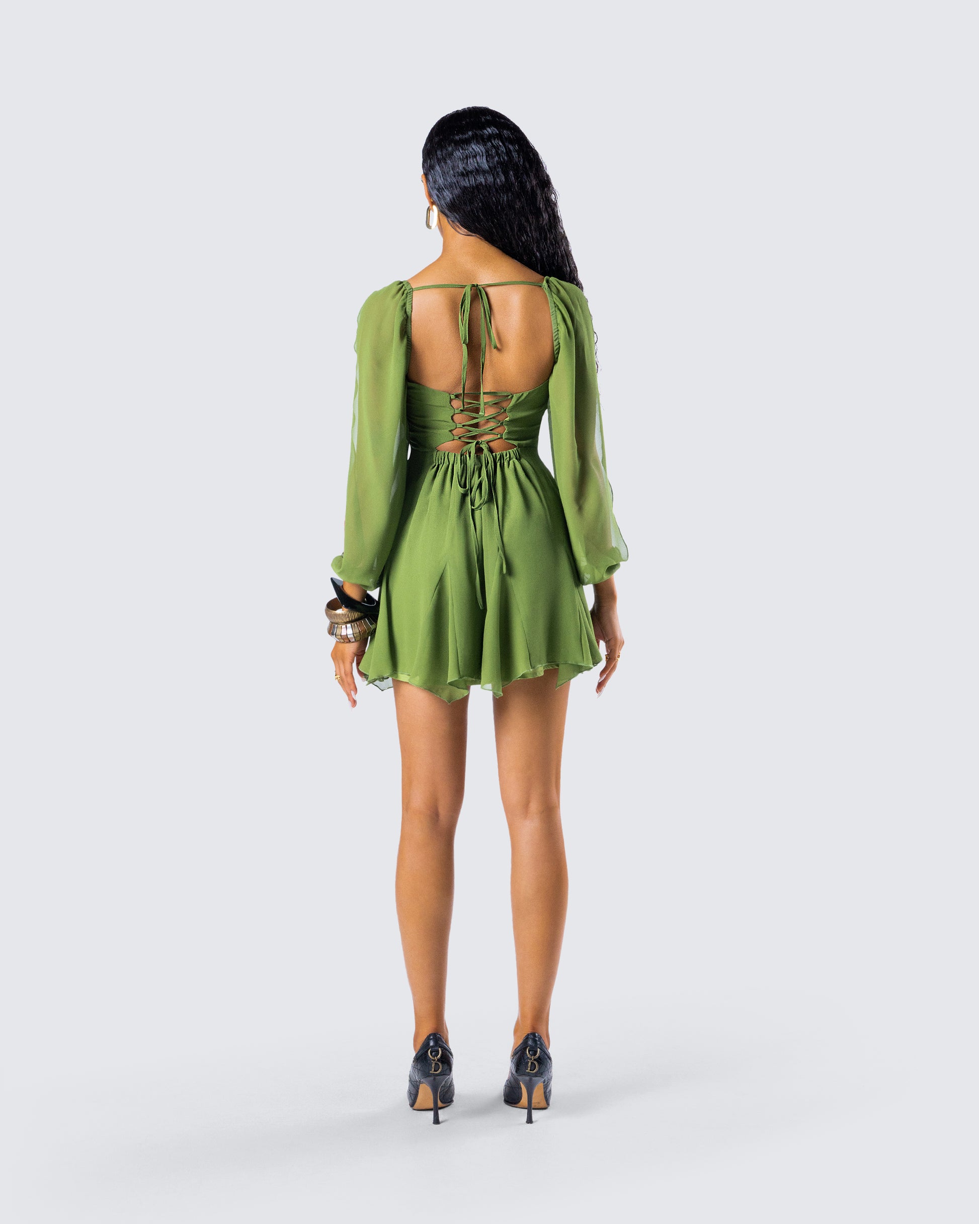 Green Satin Mini Dress - Long Sleeve Cross Front Party FINESSE Green Satin Mini Dress - Long Sleeve Cross Front Party FINESSE