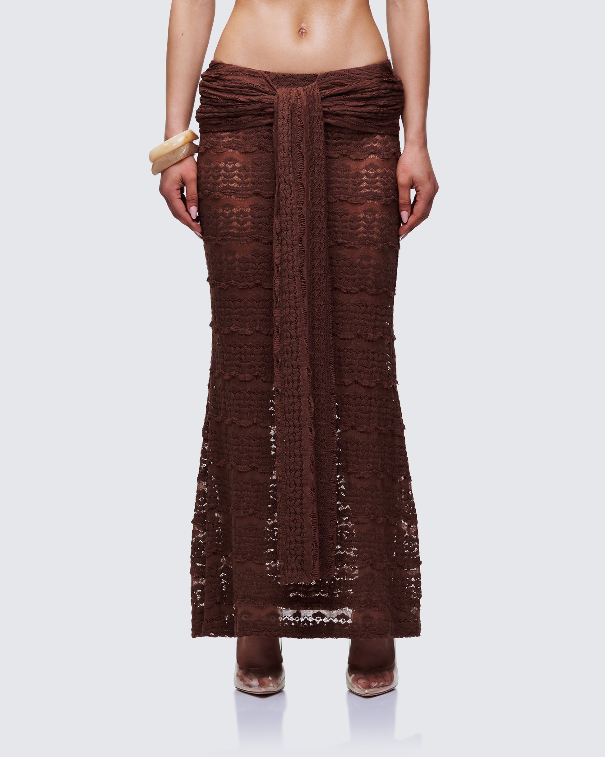 Dreya Brown Textured Maxi Skirt model front