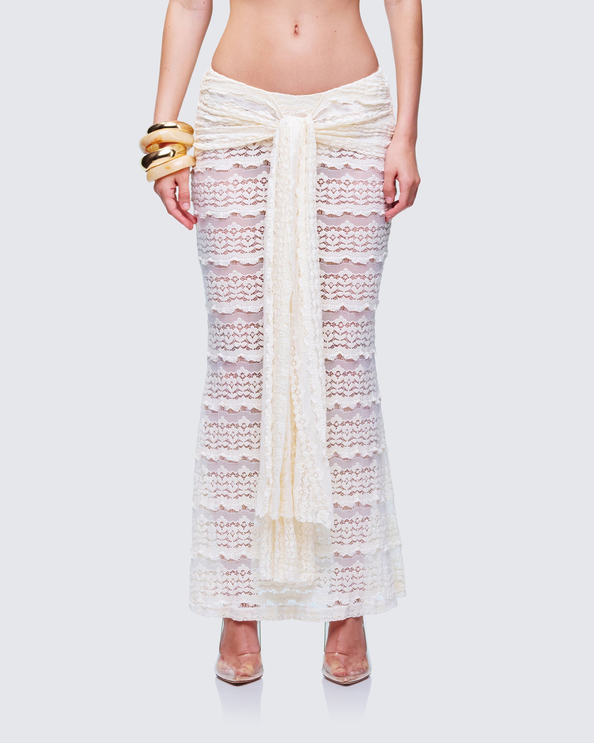 Dreya Cream Textured Maxi Skirt model front