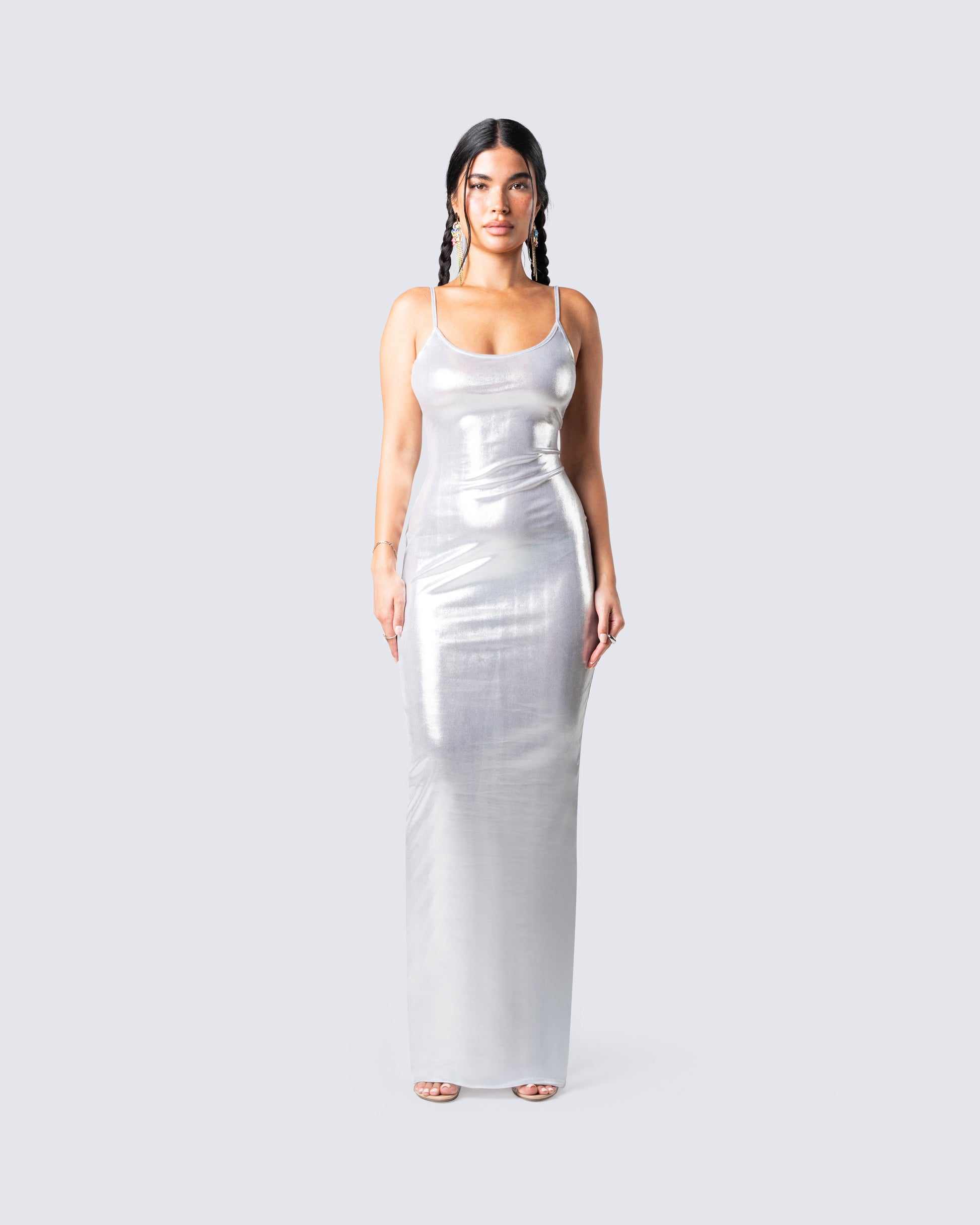 White Metallic Maxi Dress - Fitted Spaghetti Strap FINESSE White Metallic Maxi Dress - Fitted Spaghetti Strap FINESSE