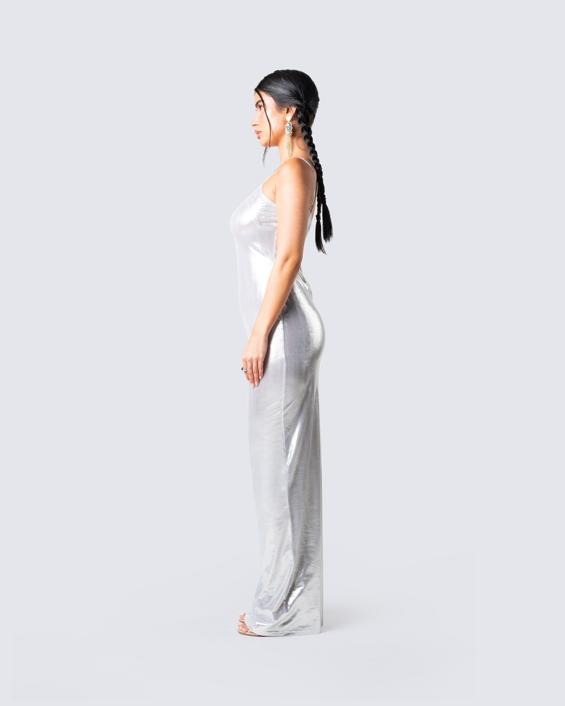 White Metallic Maxi Dress - Fitted Spaghetti Strap FINESSE White Metallic Maxi Dress - Fitted Spaghetti Strap FINESSE