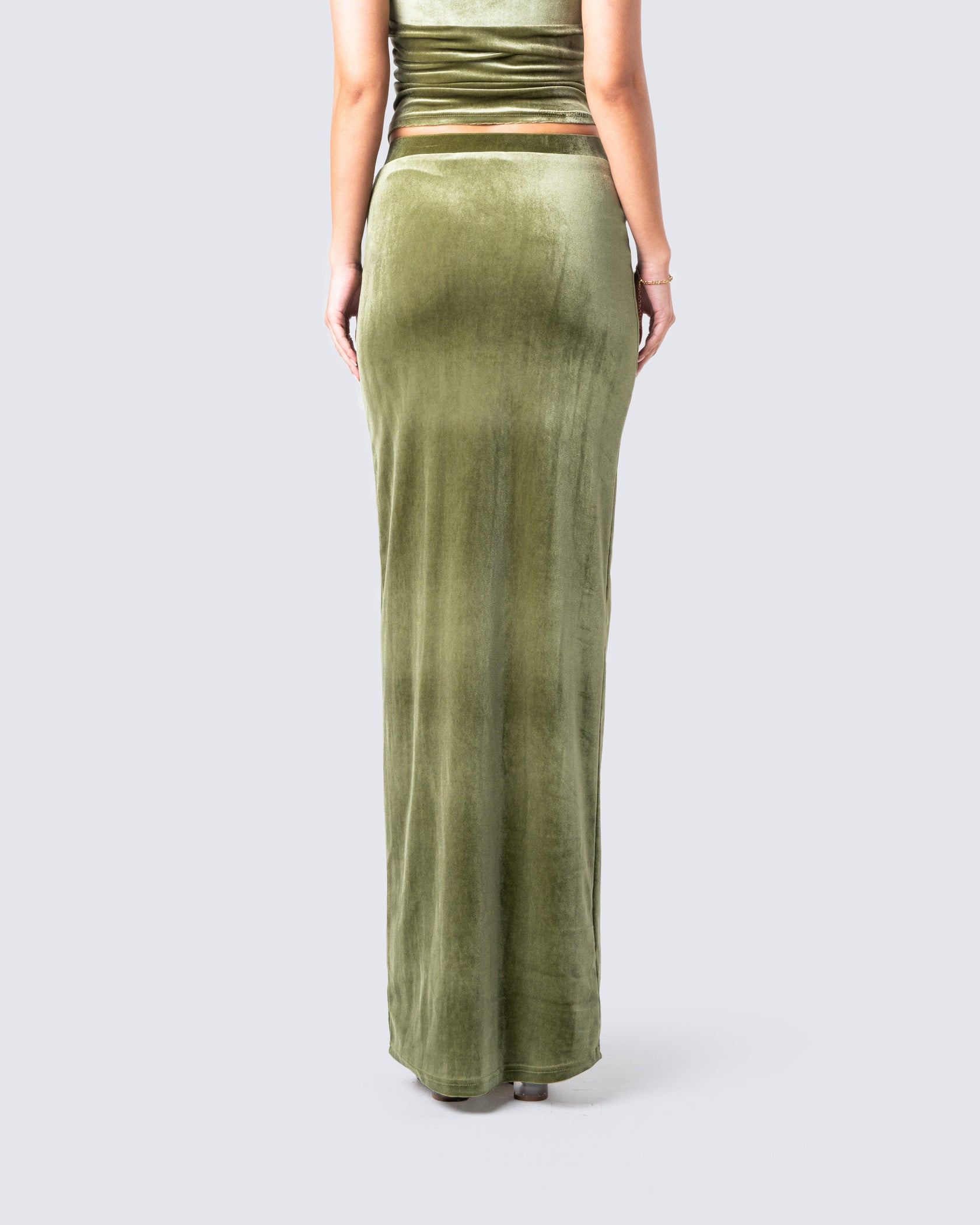 Ayla Olive Green Velvet Maxi Skirt