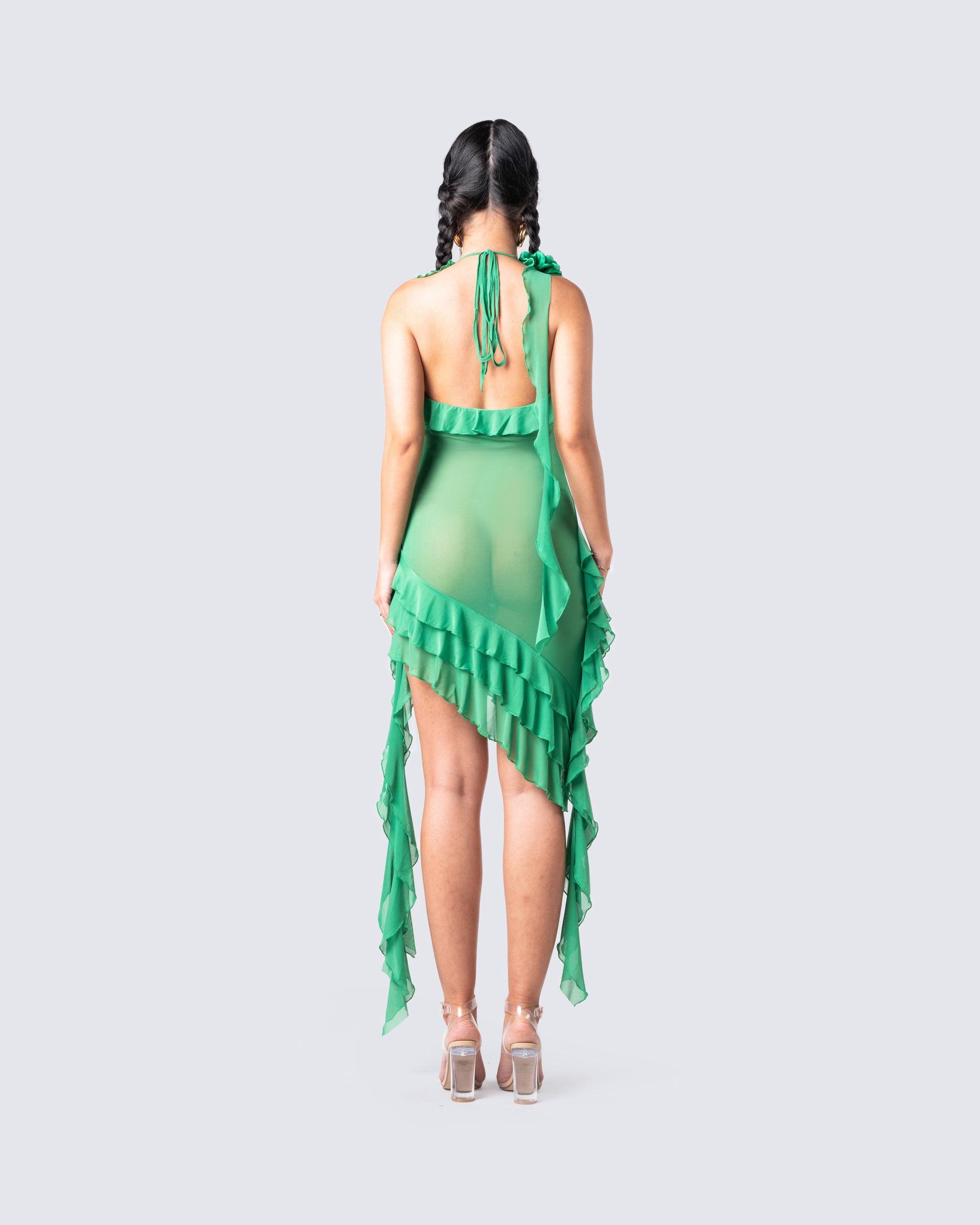 Green Ruffled Mini Dress - Halter Asymmetric Party FINESSE Green Ruffled Mini Dress - Halter Asymmetric Party FINESSE