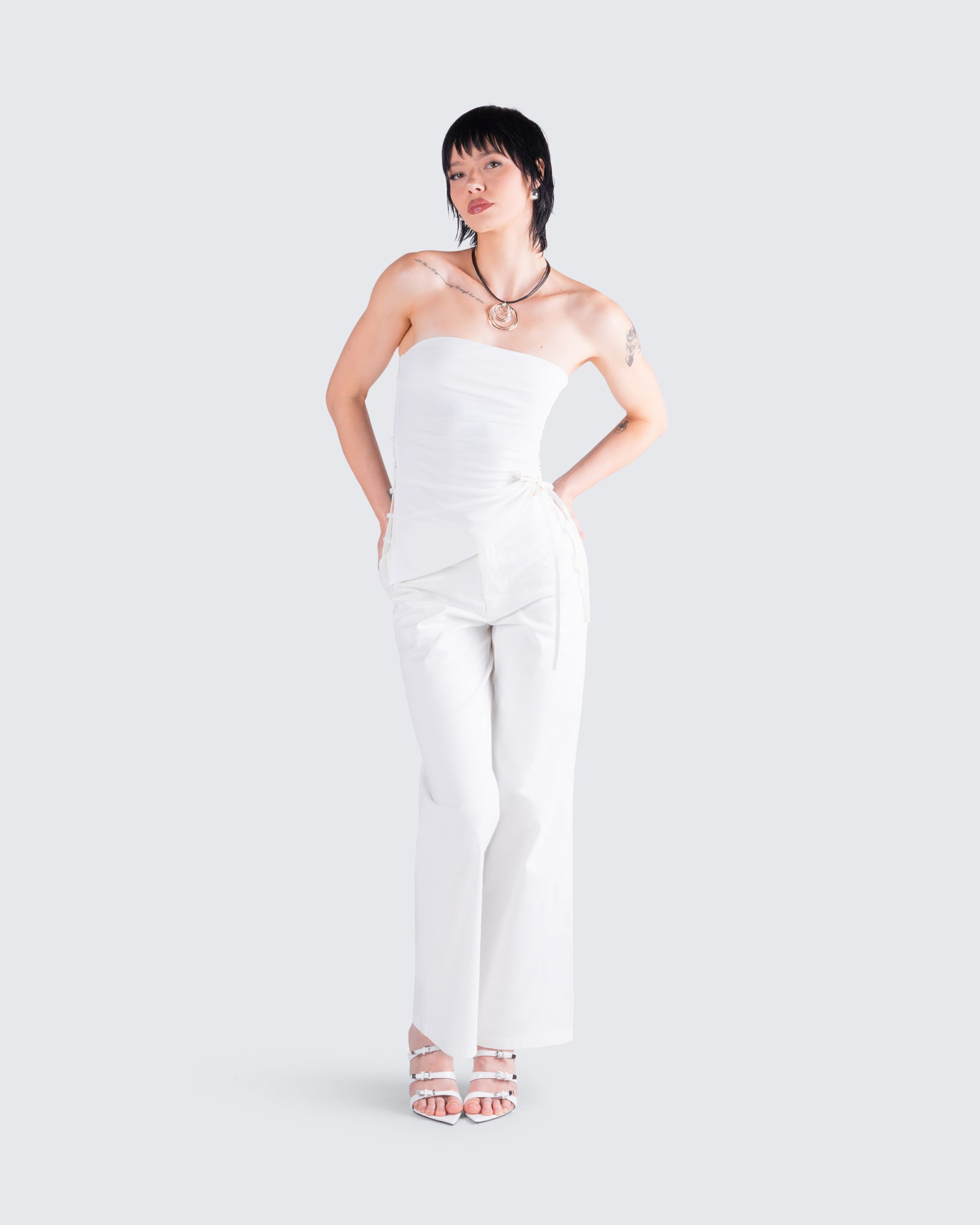 Ivory Low Rise Wide Leg Pants - Cotton Tie Waist FINESSE Ivory Low Rise Wide Leg Pants - Cotton Tie Waist FINESSE