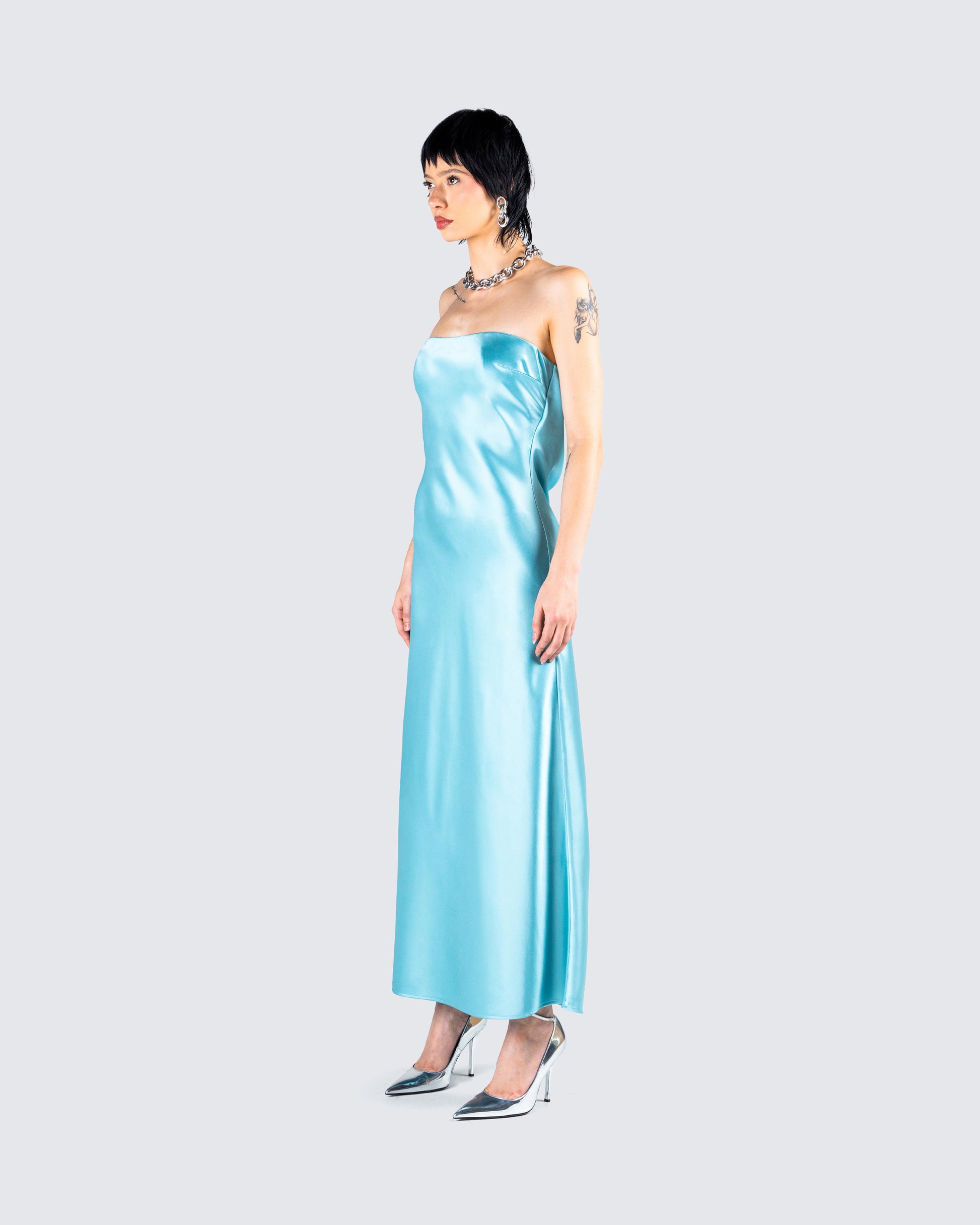 Aqua Blue Strapless Mini Dress - Bodycon Satin FINESSE Aqua Blue Strapless Mini Dress - Bodycon Satin FINESSE