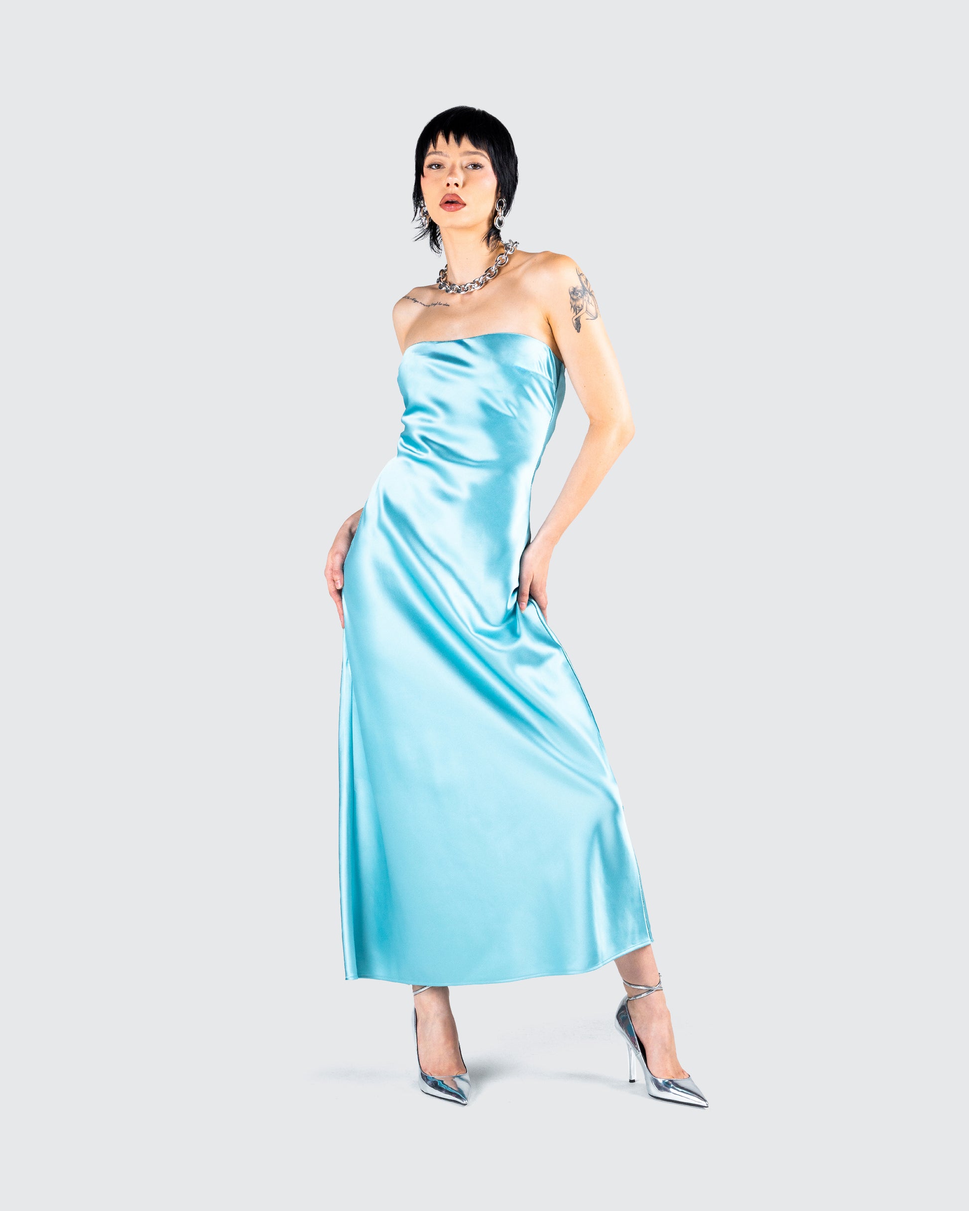 Aqua Blue Strapless Mini Dress - Bodycon Satin FINESSE Aqua Blue Strapless Mini Dress - Bodycon Satin FINESSE