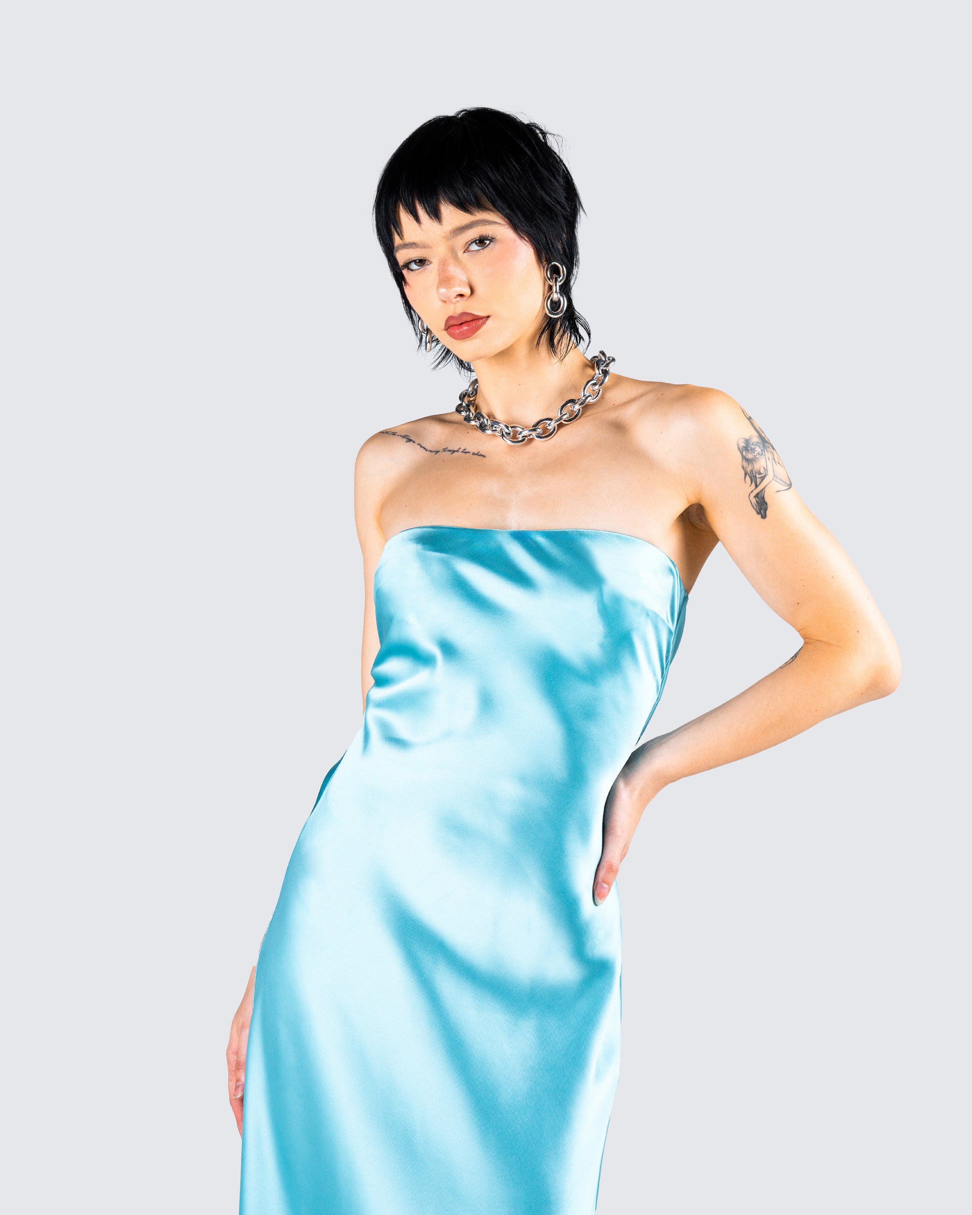 Aqua Blue Strapless Mini Dress - Bodycon Satin FINESSE Aqua Blue Strapless Mini Dress - Bodycon Satin FINESSE