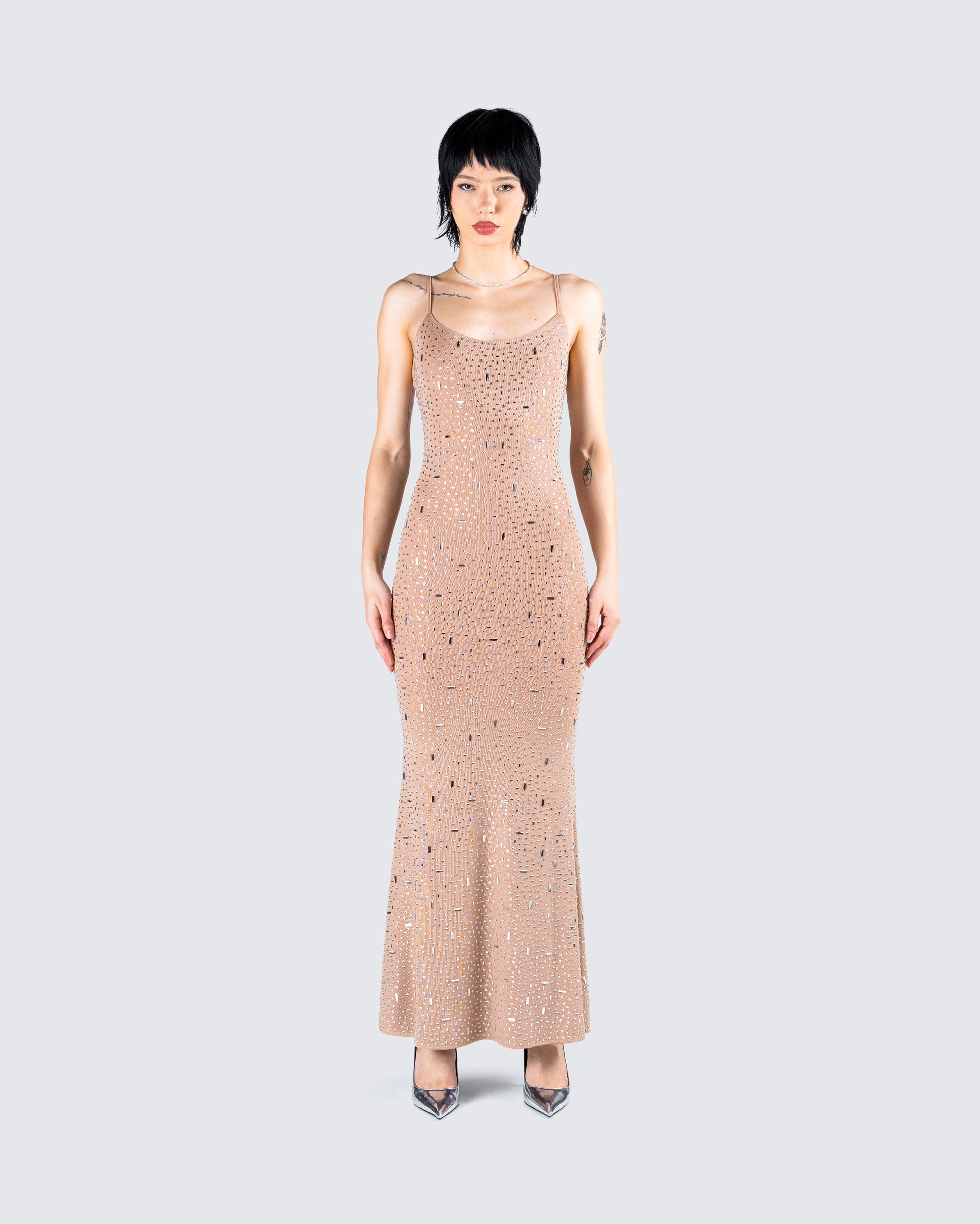 Lan Nude Rhinestone Maxi Dress