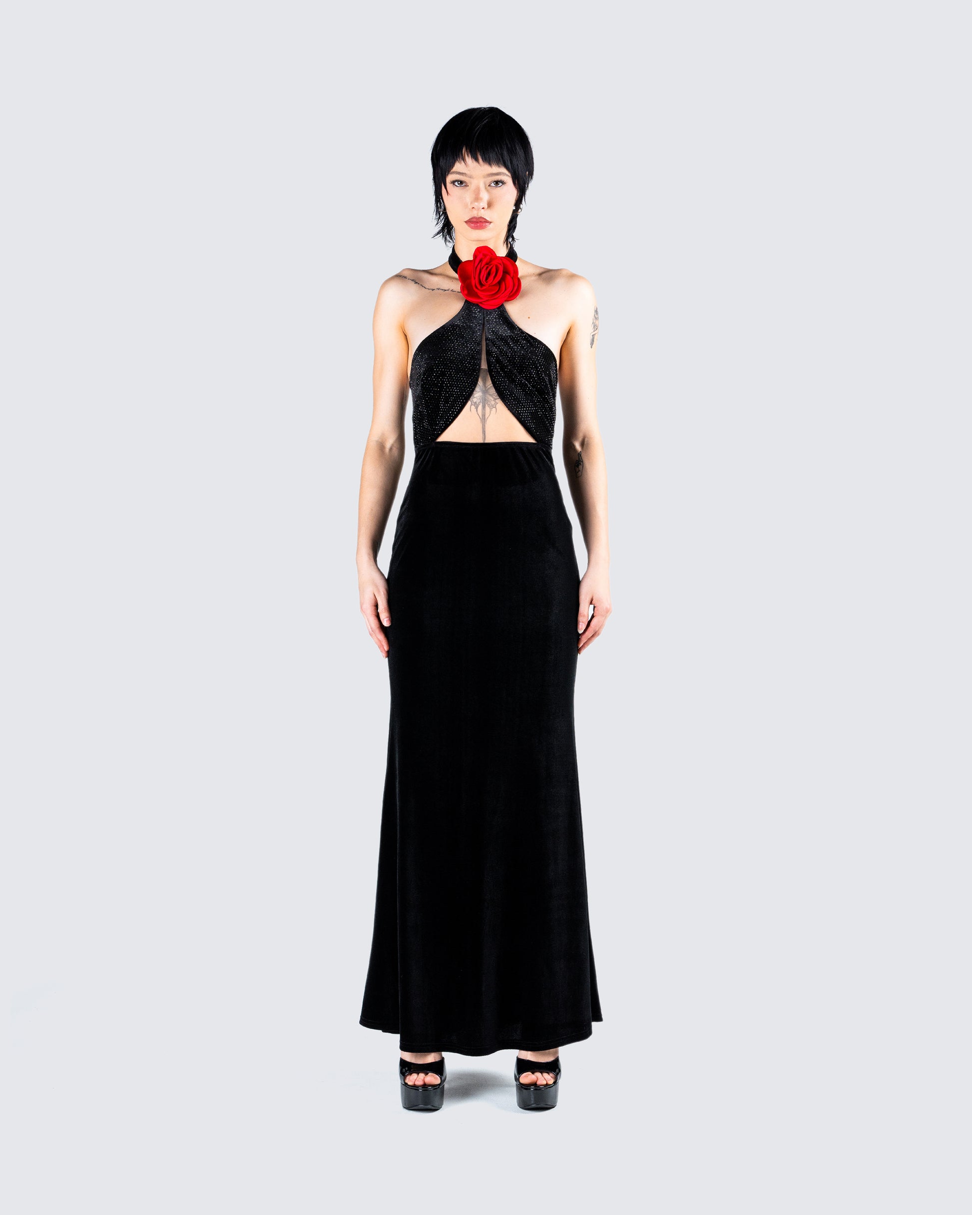 Black Velvet Gown - Halter Neck Rhinestone Evening Dress FINESSE Black Velvet Gown - Halter Neck Rhinestone Evening Dress FINESSE