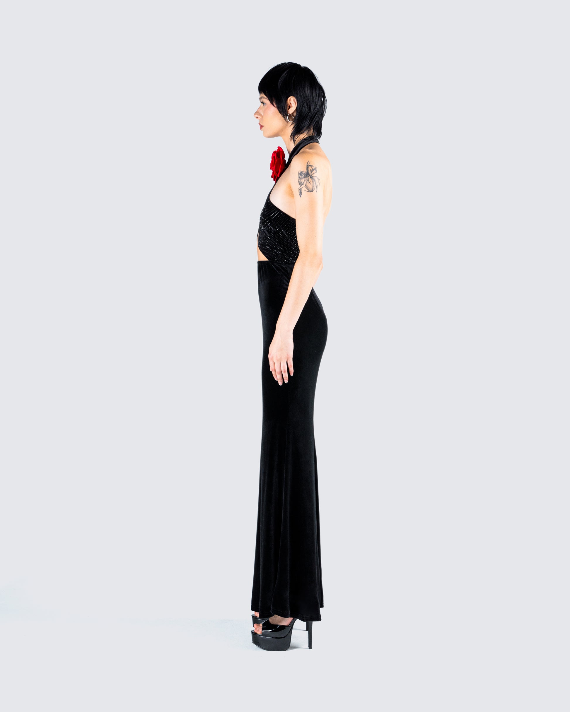 Black Velvet Gown - Halter Neck Rhinestone Evening Dress FINESSE Black Velvet Gown - Halter Neck Rhinestone Evening Dress FINESSE