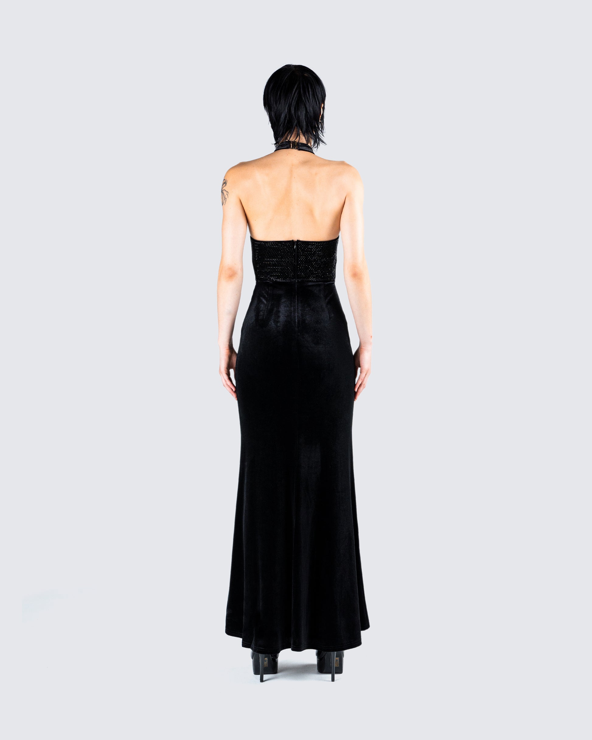 Black Velvet Gown - Halter Neck Rhinestone Evening Dress FINESSE Black Velvet Gown - Halter Neck Rhinestone Evening Dress FINESSE
