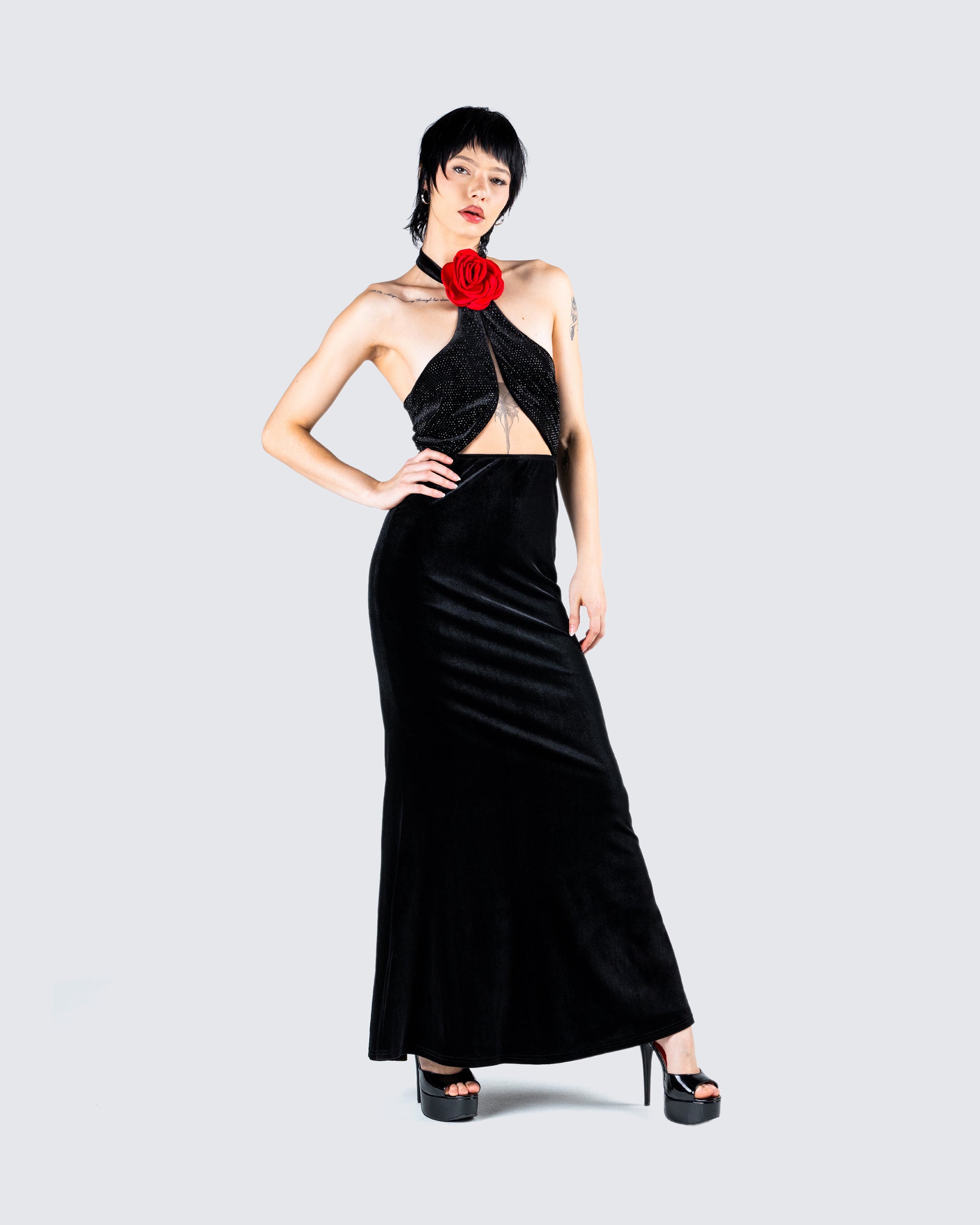 Black Velvet Gown - Halter Neck Rhinestone Evening Dress FINESSE Black Velvet Gown - Halter Neck Rhinestone Evening Dress FINESSE