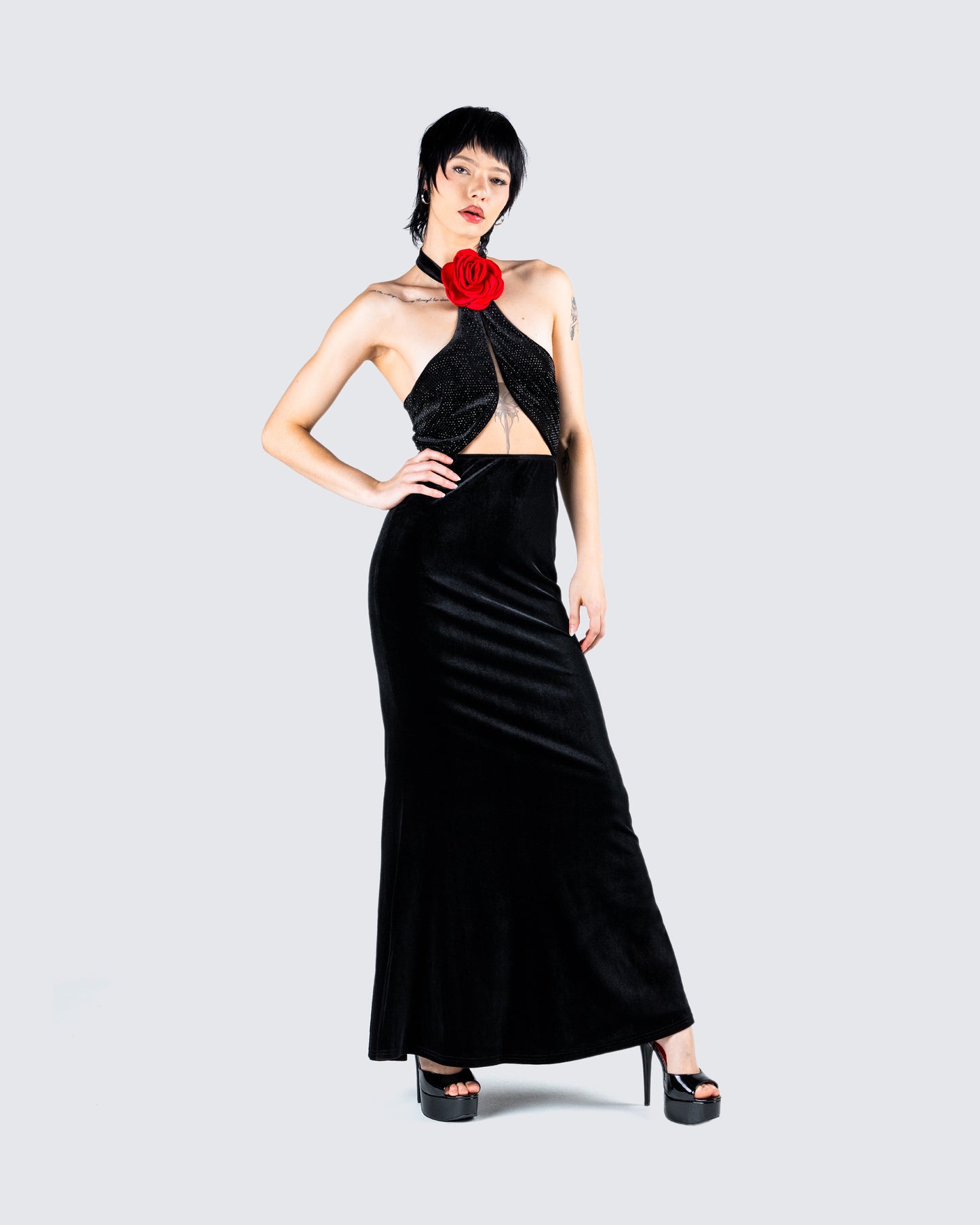 Nala Black Rhinestone Velvet Gown