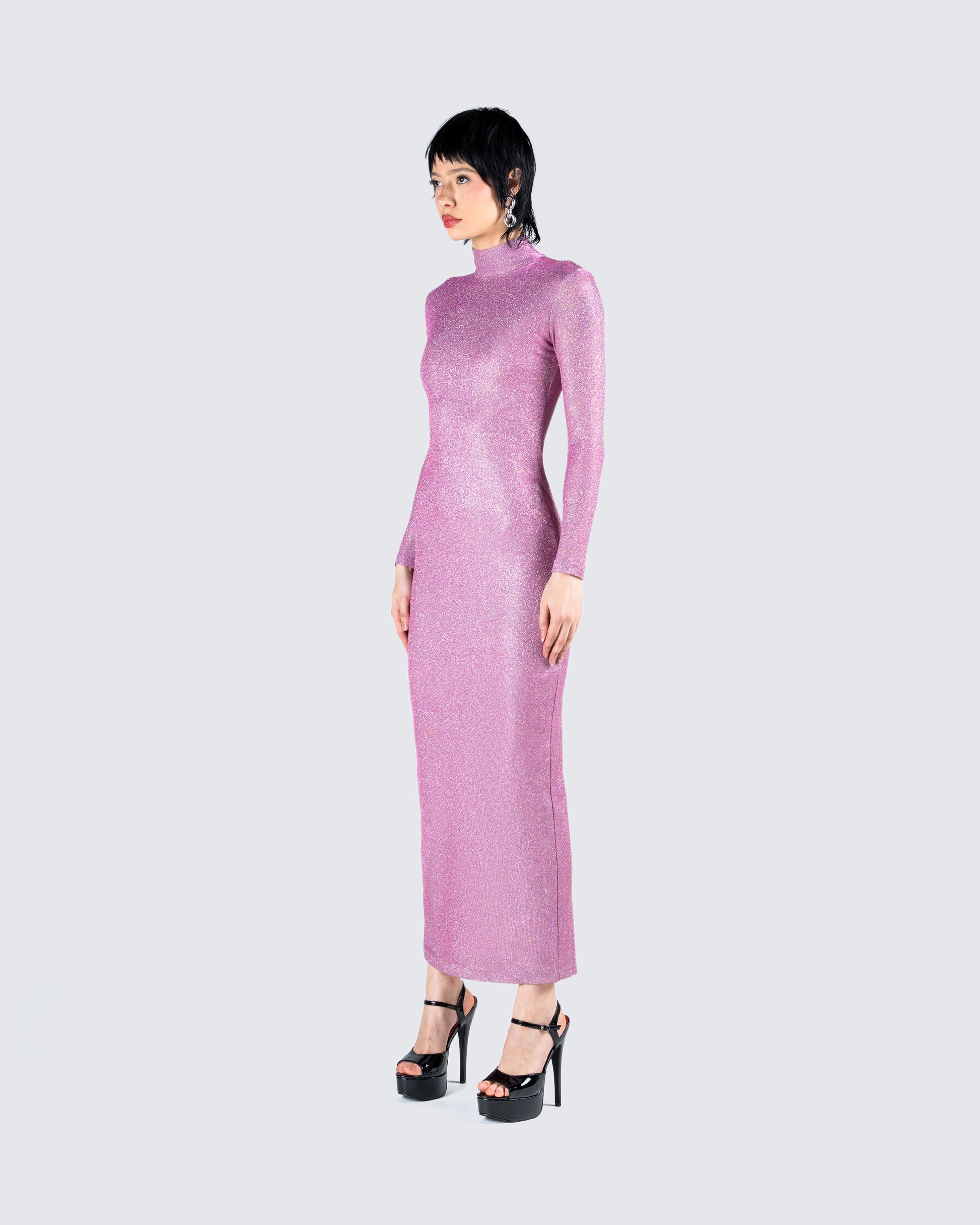 Pink Shimmer Knit Maxi Dress - Bodycon Turtleneck FINESSE Pink Shimmer Knit Maxi Dress - Bodycon Turtleneck FINESSE