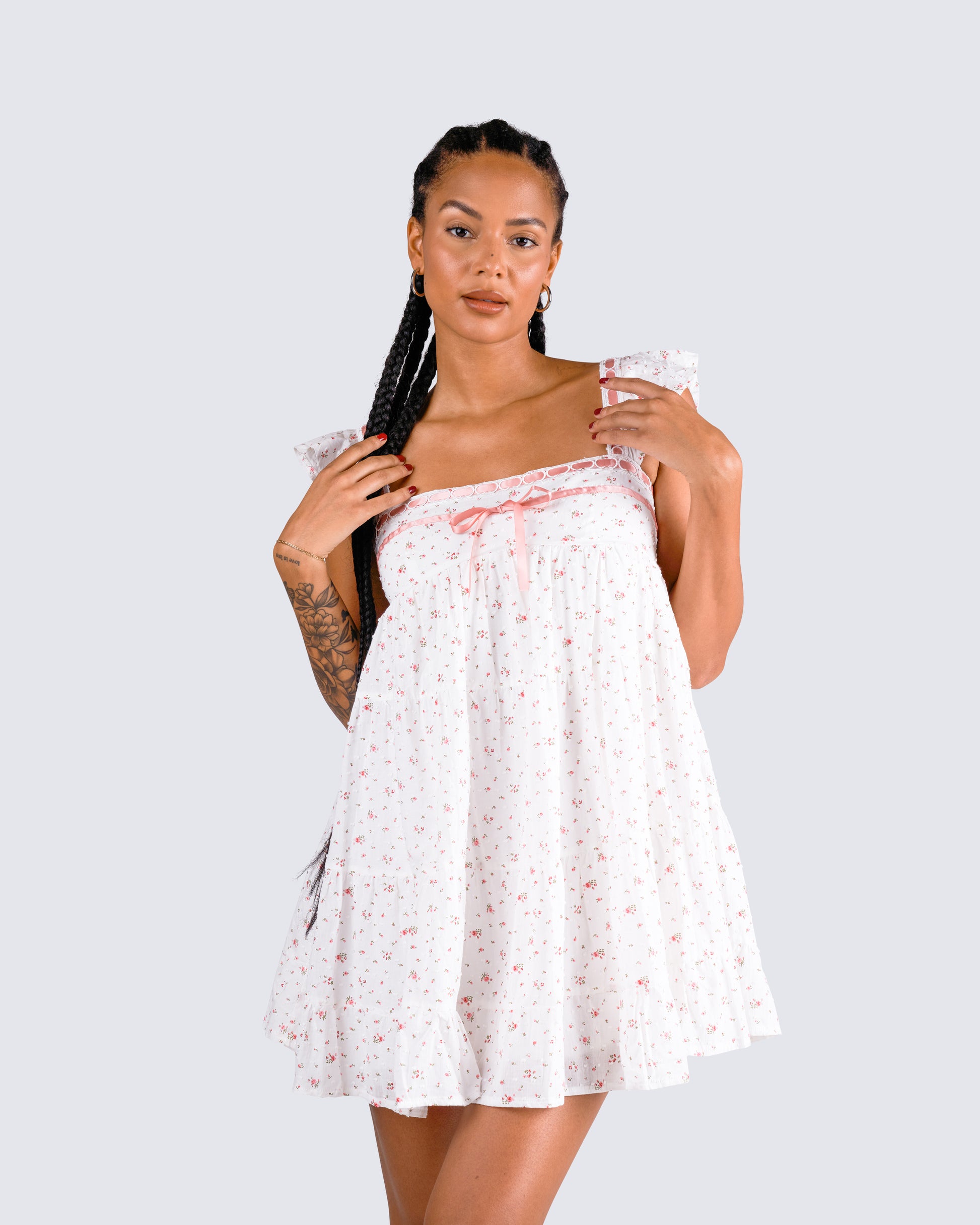 White Floral Mini Dress - Ruffled Cotton Summer XL White Floral Mini Dress - Ruffled Cotton Summer XL