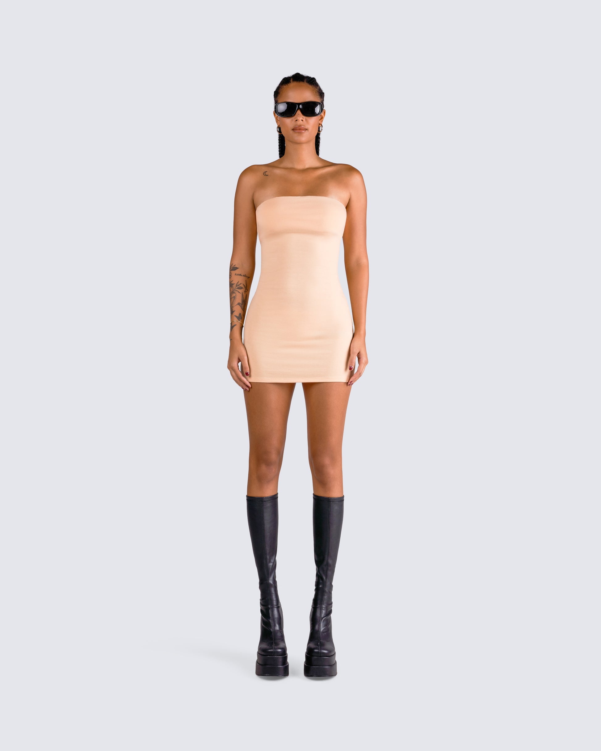 Beige Tube Maxi Dress - Strapless Bodycon Jersey FINESSE Beige Tube Maxi Dress - Strapless Bodycon Jersey FINESSE