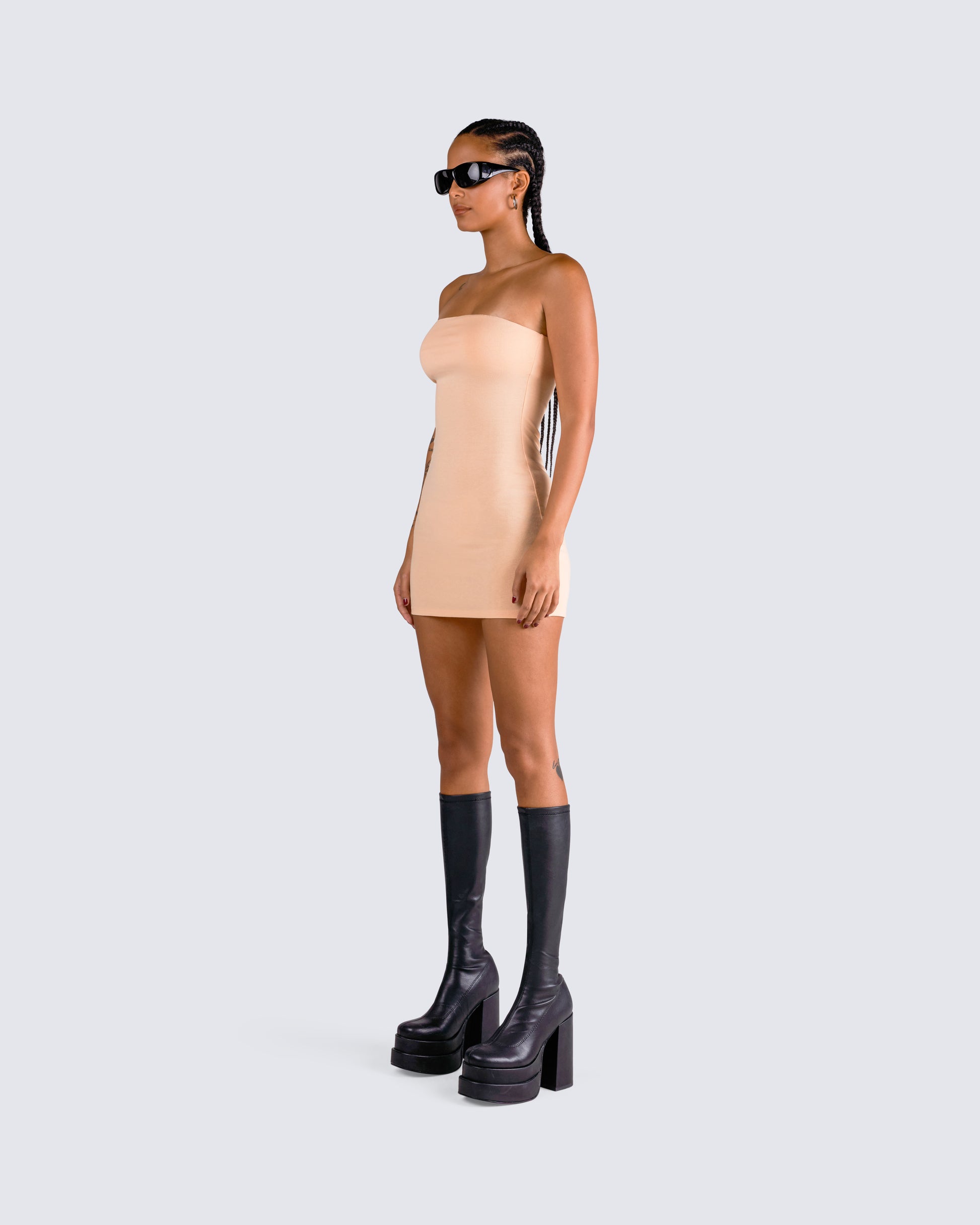 Beige Tube Maxi Dress - Strapless Bodycon Jersey FINESSE Beige Tube Maxi Dress - Strapless Bodycon Jersey FINESSE