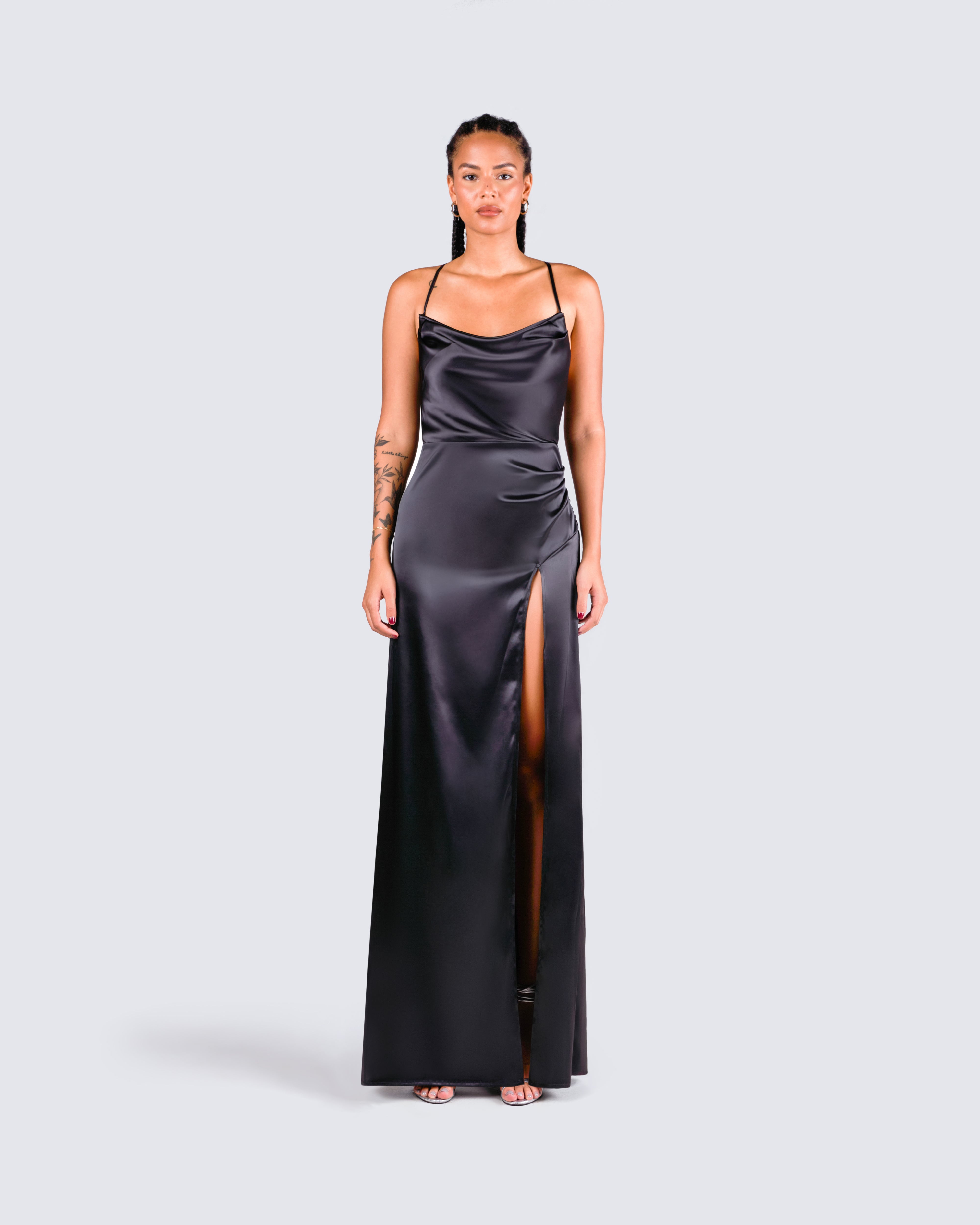 V Neck Backless Black Satin Long Prom Dress, Backless Black Formal Dre –  abcprom
