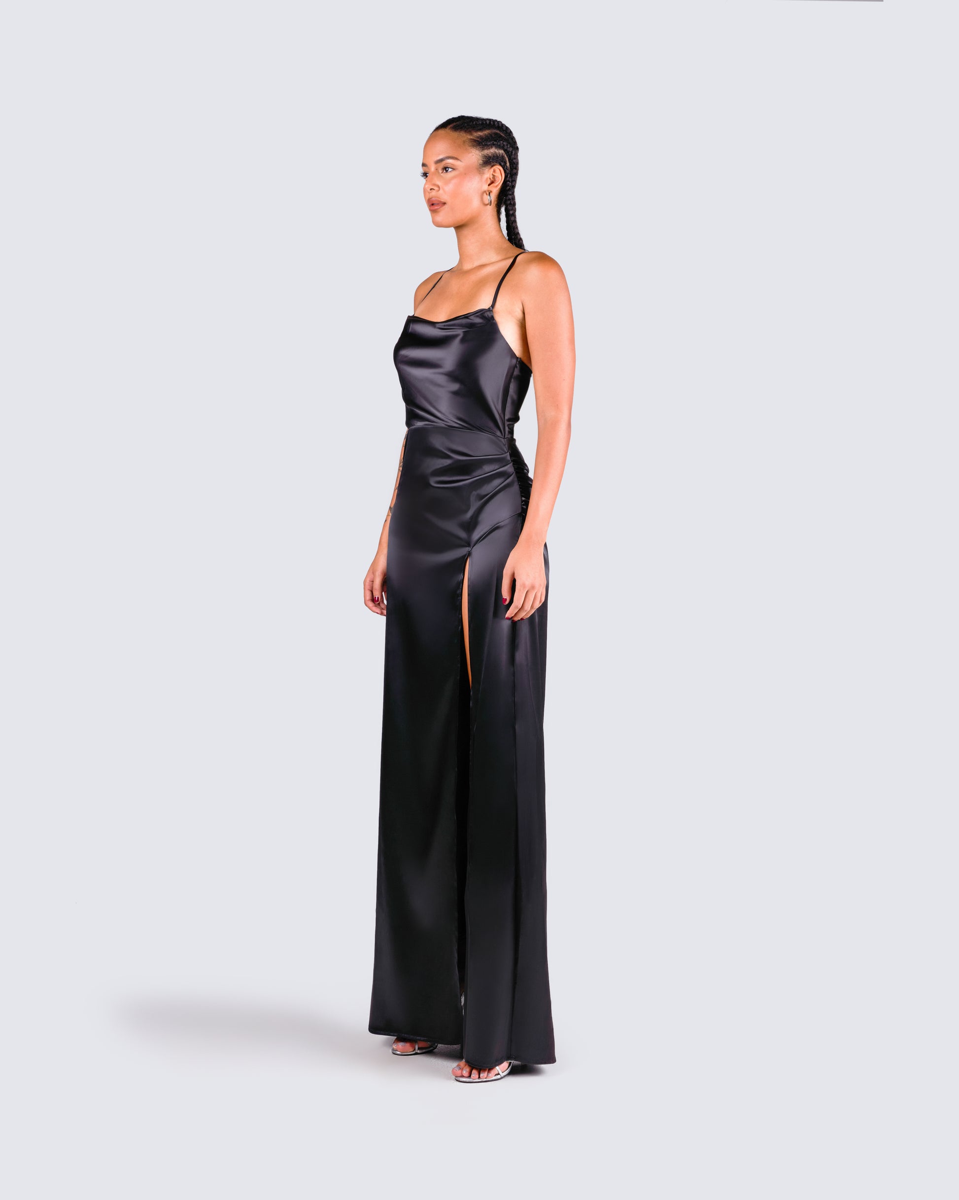Black Satin Maxi Dress - Bodycon Slit Evening Gown FINESSE Black Satin Maxi Dress - Bodycon Slit Evening Gown FINESSE