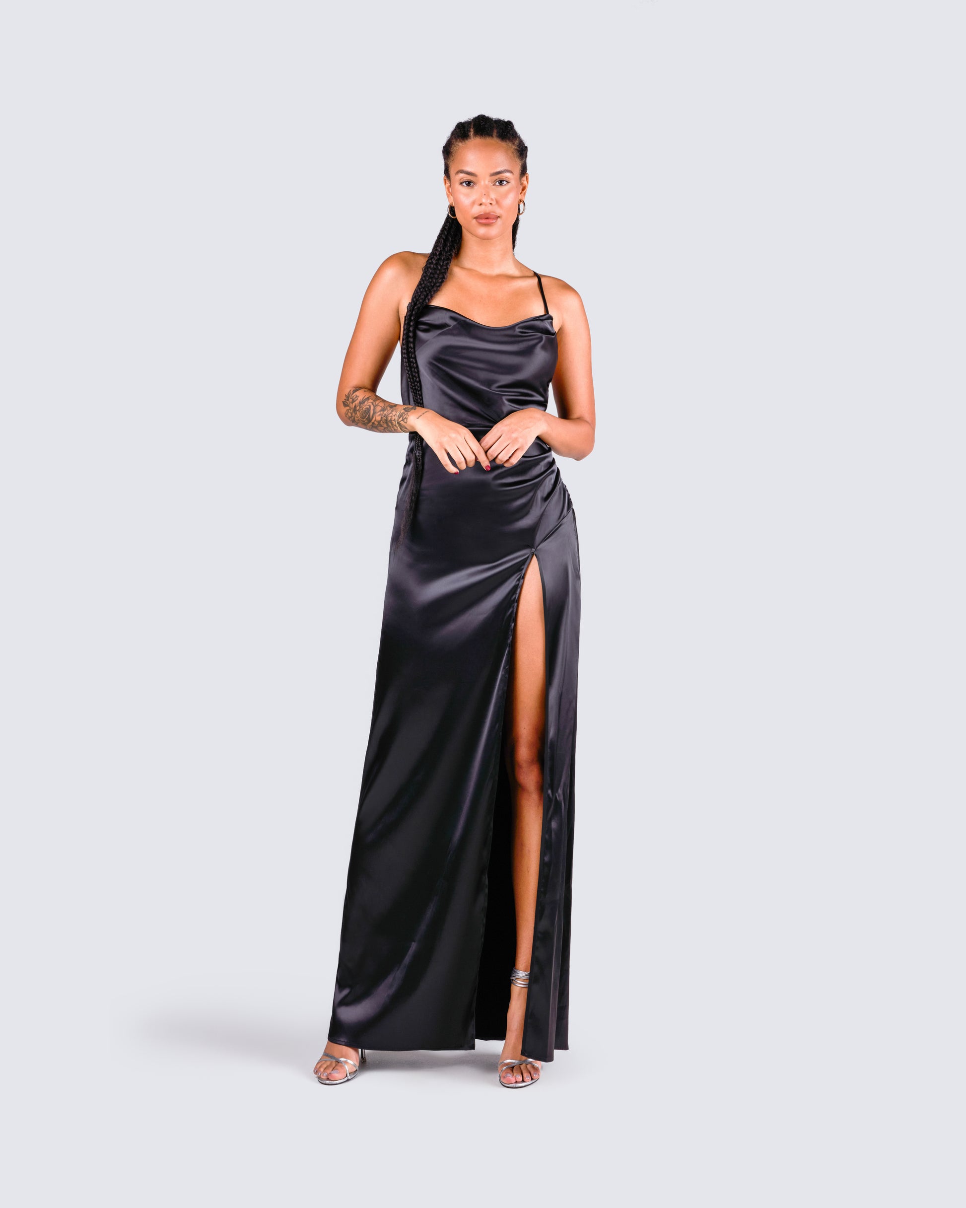 Black Satin Maxi Dress - Bodycon Slit Evening Gown FINESSE Black Satin Maxi Dress - Bodycon Slit Evening Gown FINESSE