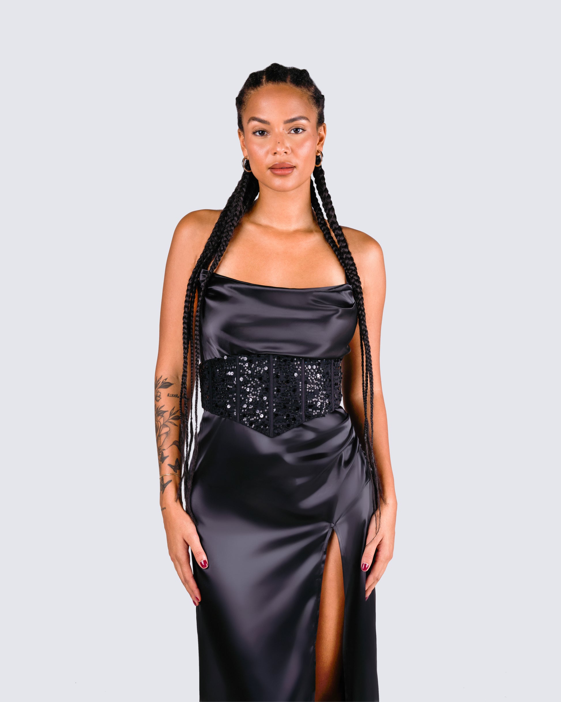Black Satin Corset Maxi Dress - Lace Two-Piece Set FINESSE Black Satin Corset Maxi Dress - Lace Two-Piece Set FINESSE