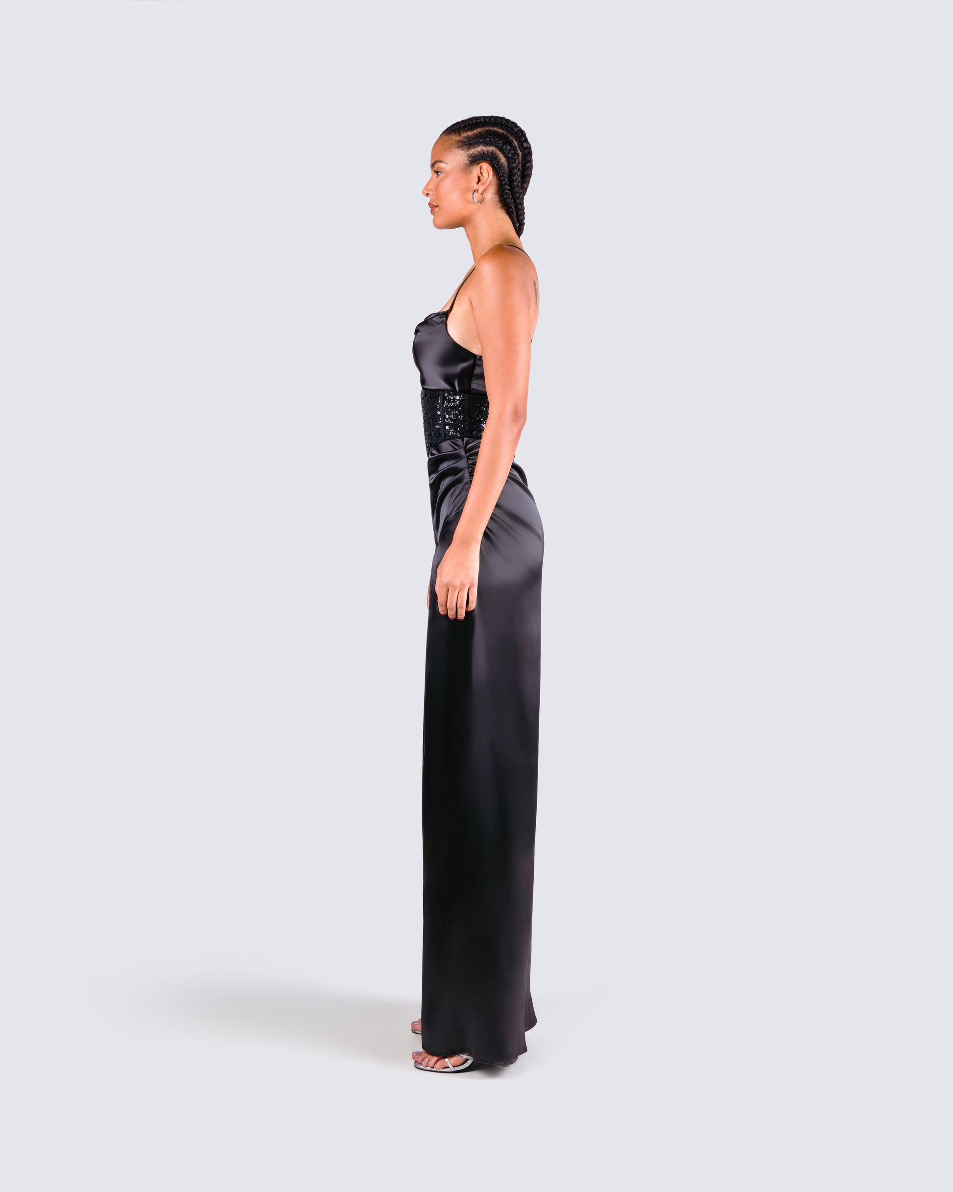Black Satin Corset Maxi Dress - Lace Two-Piece Set FINESSE Black Satin Corset Maxi Dress - Lace Two-Piece Set FINESSE