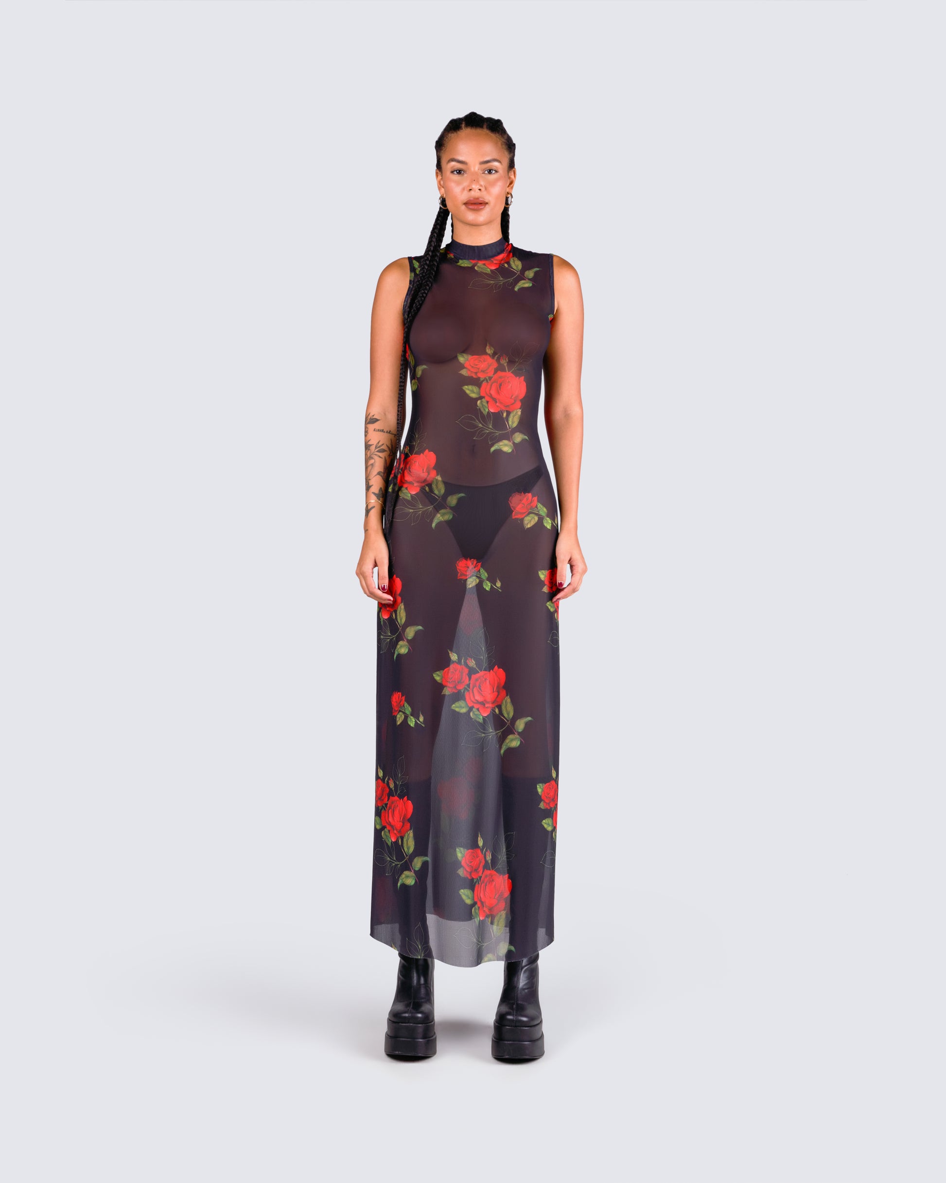 rose mesh dress Women's Rose Floral Printed Mesh Sheer Asymmetric Cowl Back Maxi Dress