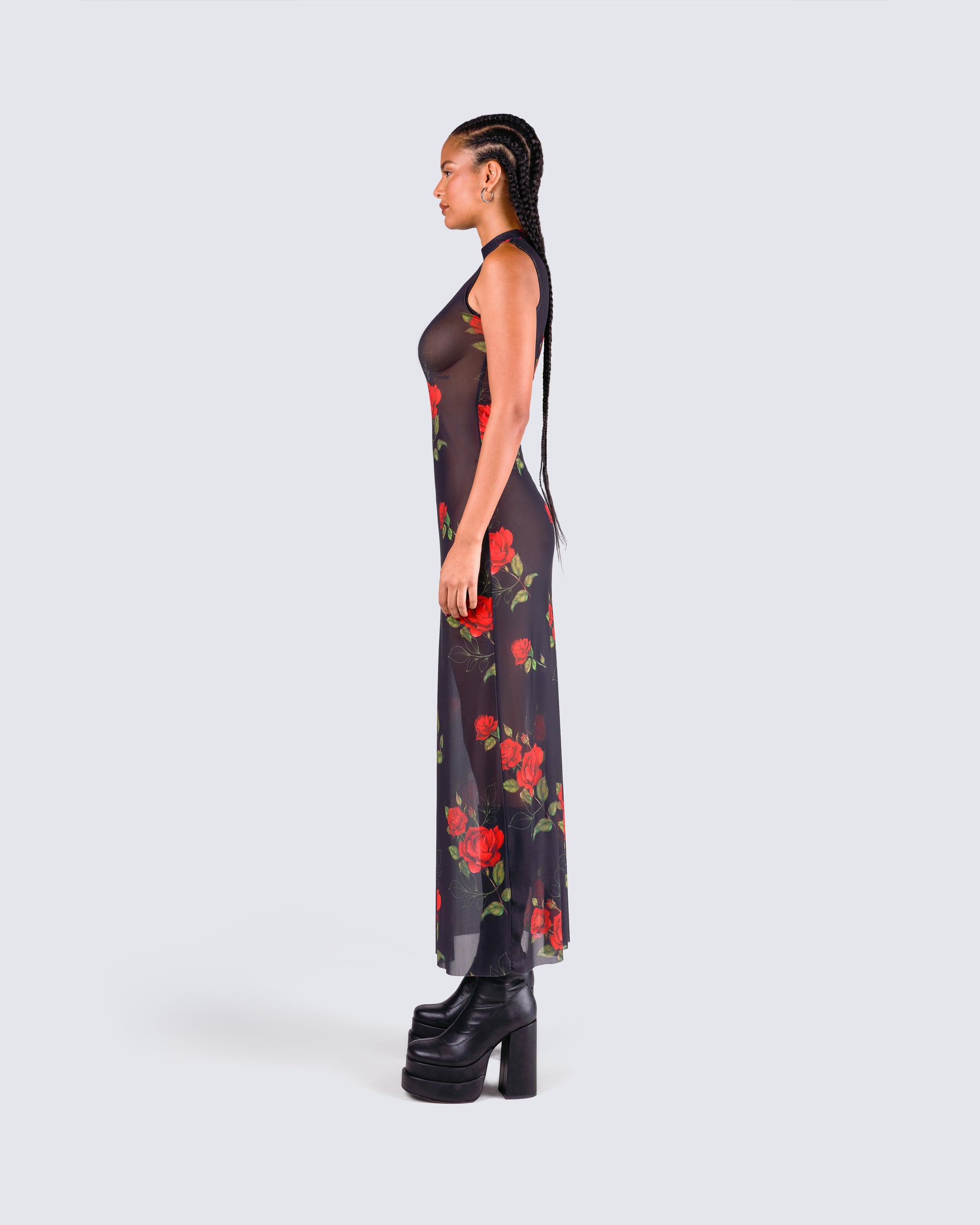 Black Floral Mesh Maxi Dress - Mock Neck Sleeveless FINESSE Black Floral Mesh Maxi Dress - Mock Neck Sleeveless FINESSE