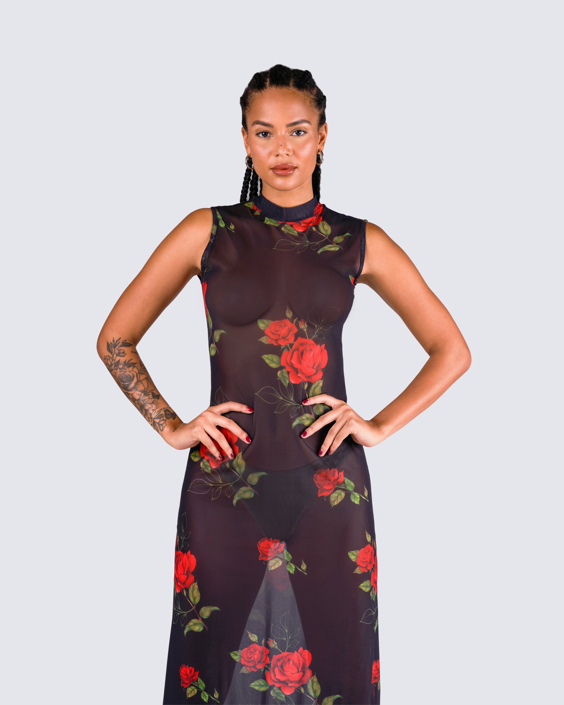 Black Floral Mesh Maxi Dress - Mock Neck Sleeveless FINESSE Black Floral Mesh Maxi Dress - Mock Neck Sleeveless FINESSE