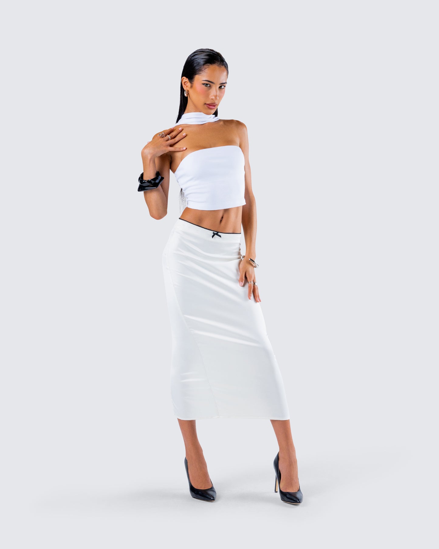 Georgia Ivory Satin Midi Skirt