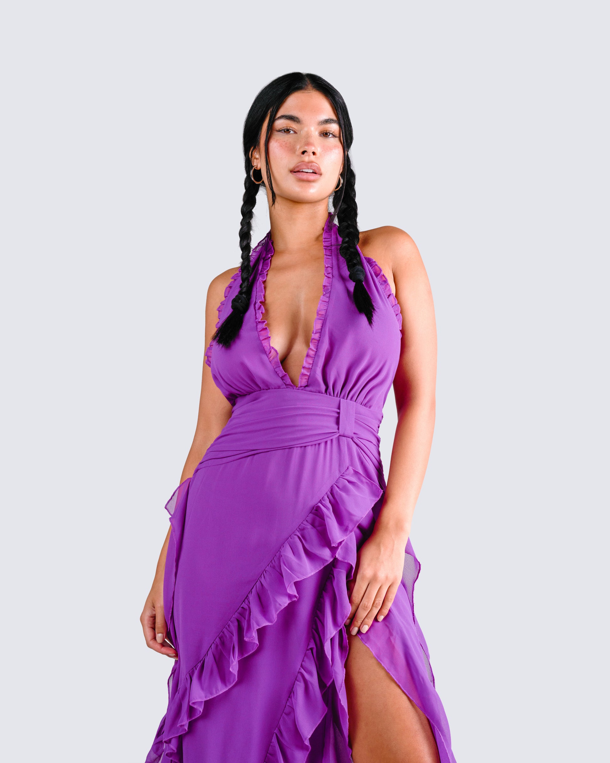 Tie-Back Ruffle Maxi Dress in Purple