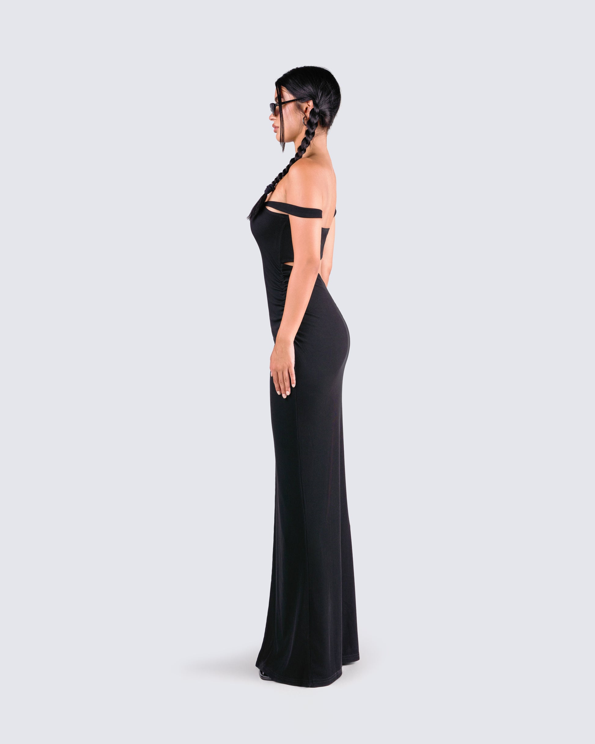 Black Off Shoulder Maxi Dress - Bodycon Ribbed FINESSE Black Off Shoulder Maxi Dress - Bodycon Ribbed FINESSE