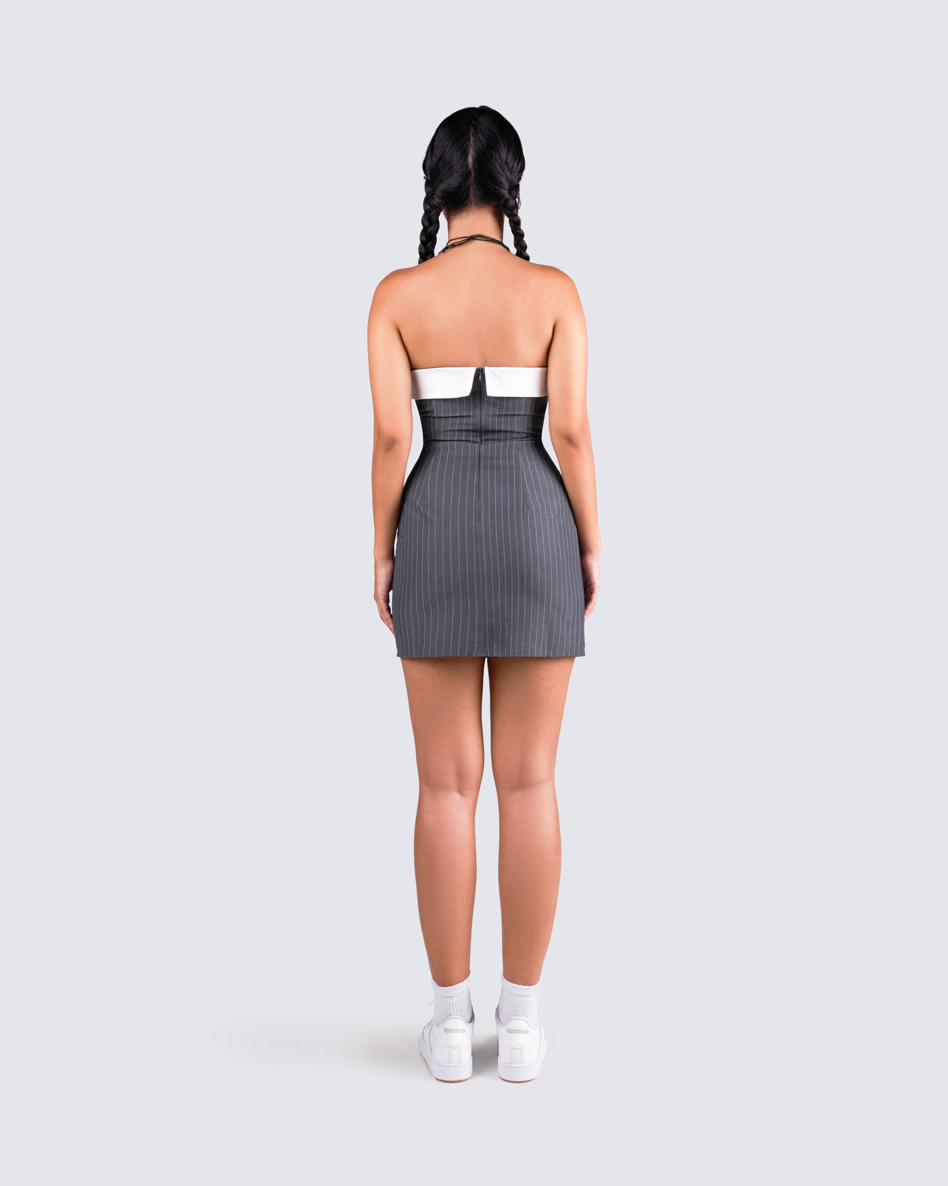 grey strapless mini dress Women's Payoda Bandeau Mini Dress in Dark Grey, XL , Pleated , Zip Up grey
