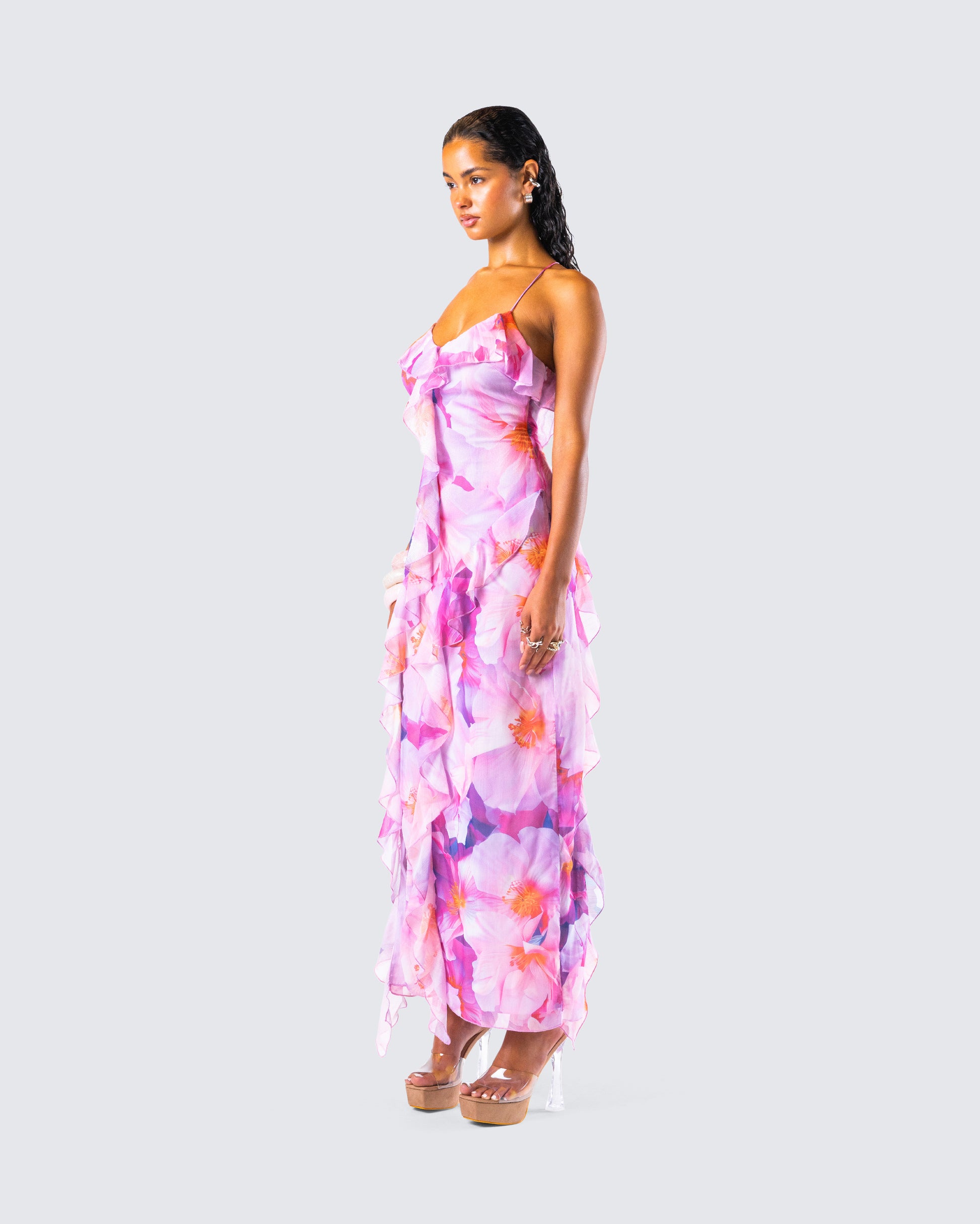 Pink Floral Maxi Dress - Ruffle Strappy Summer FINESSE Pink Floral Maxi Dress - Ruffle Strappy Summer FINESSE
