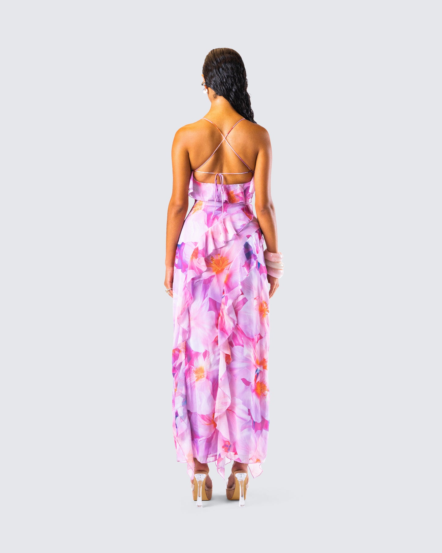 Kenya Pink Floral Ruffle Maxi Dress