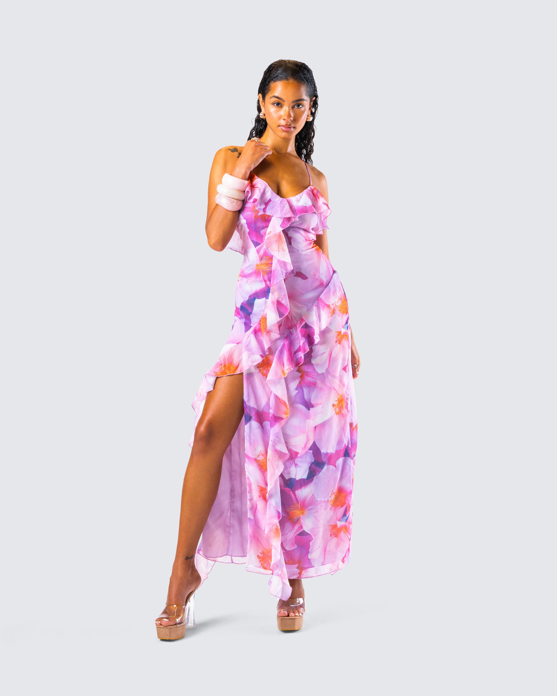 Pink Floral Maxi Dress - Ruffle Strappy Summer FINESSE Pink Floral Maxi Dress - Ruffle Strappy Summer FINESSE