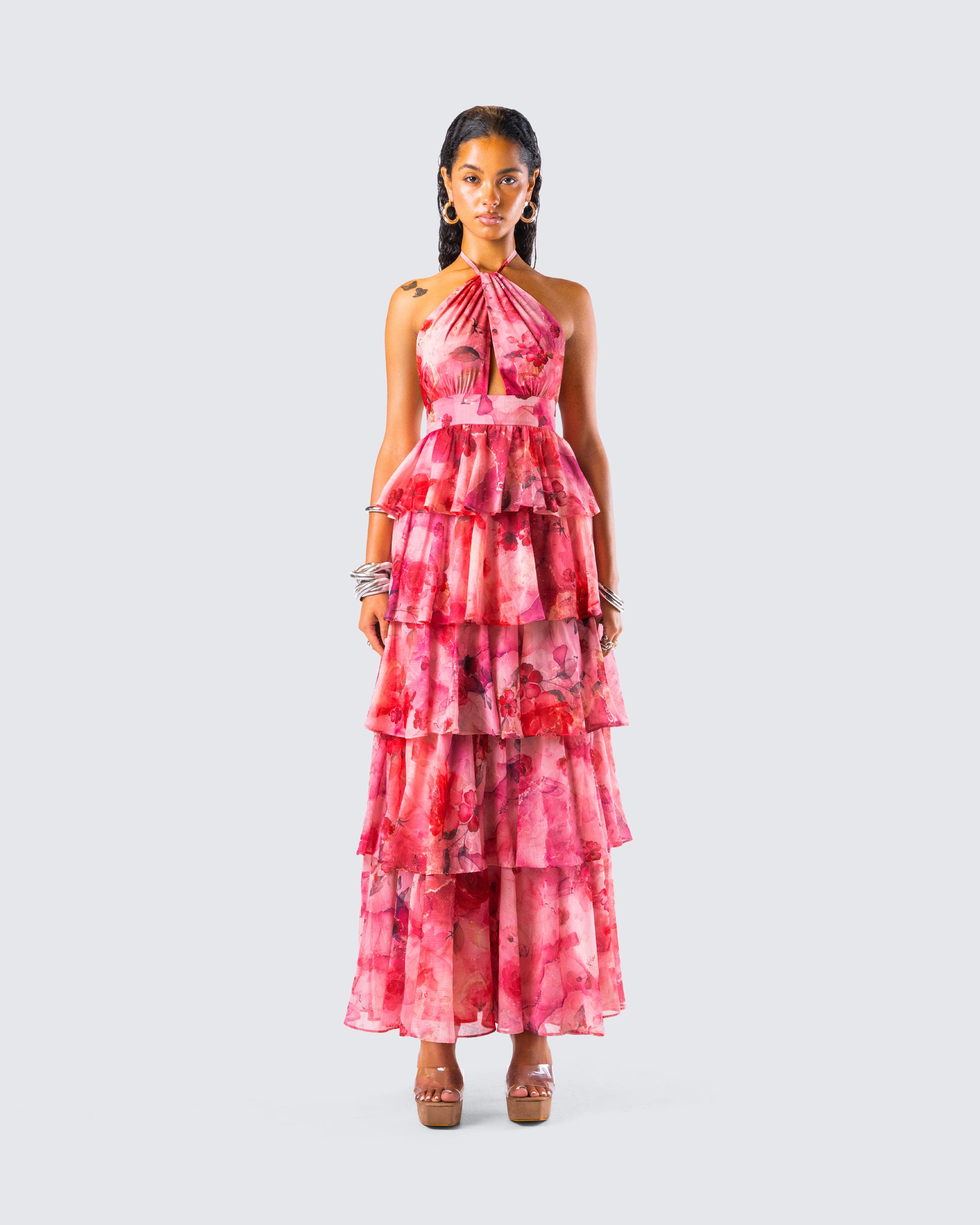 womens pink tiered dress Pink Romantic Dress For Women, Wedding Guest Dress, Photoshoot Outfit, Barbi Dress, Tiered Midi Dress, Open Back Dress, Womens Party Dress