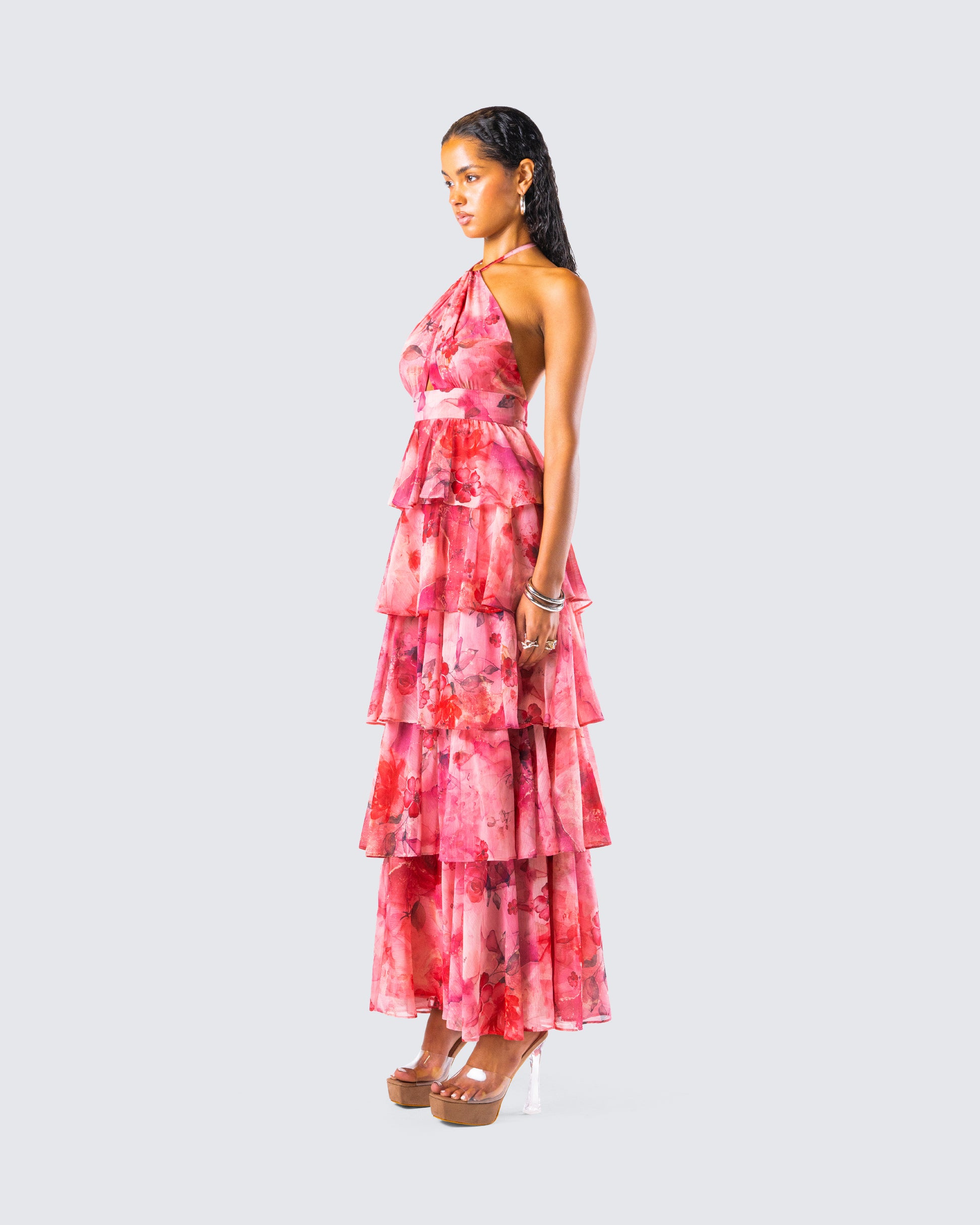 Pink Floral Maxi Dress - Halter Tiered Ruffle Gown FINESSE Pink Floral Maxi Dress - Halter Tiered Ruffle Gown FINESSE