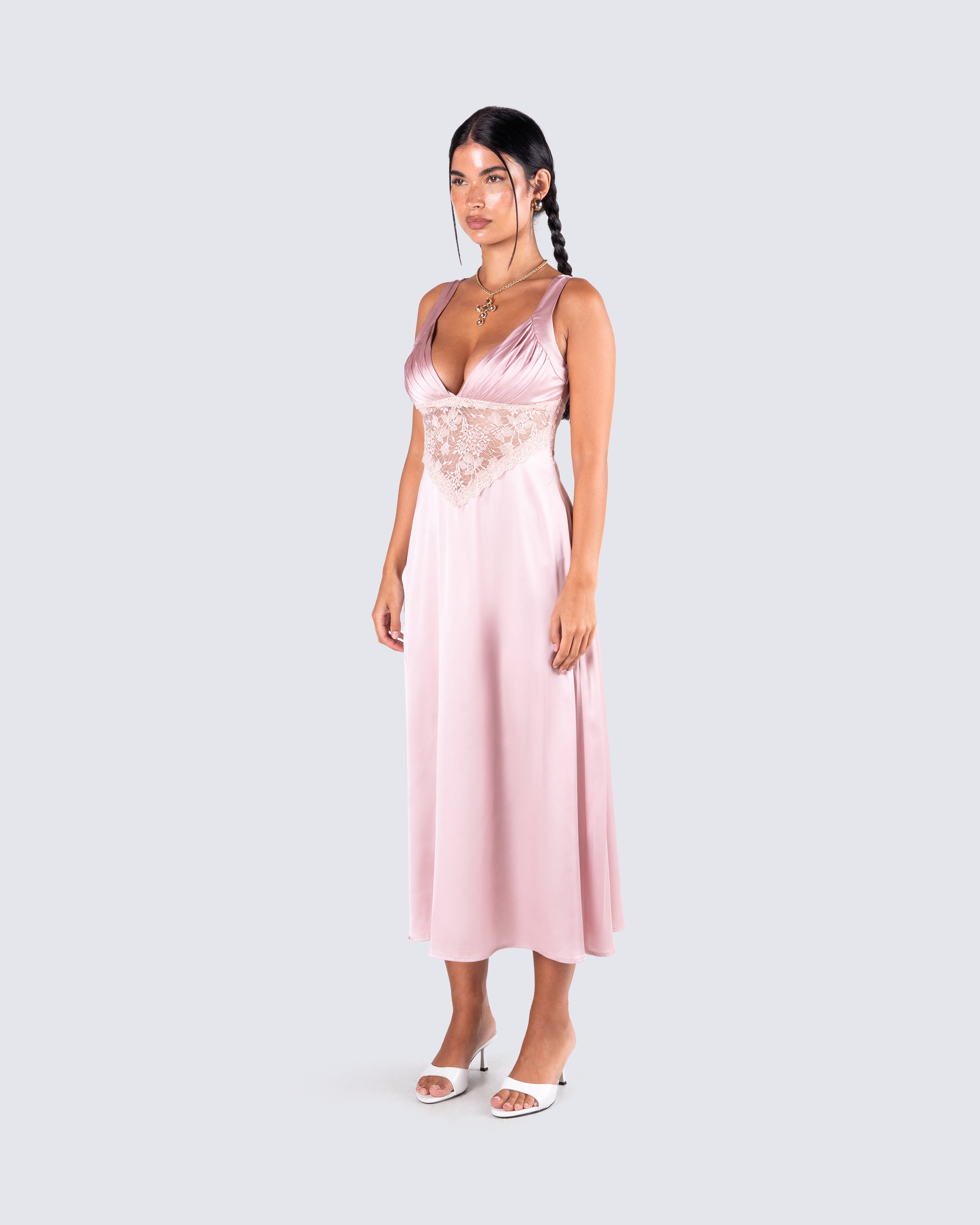 Satin lace midi clearance dress