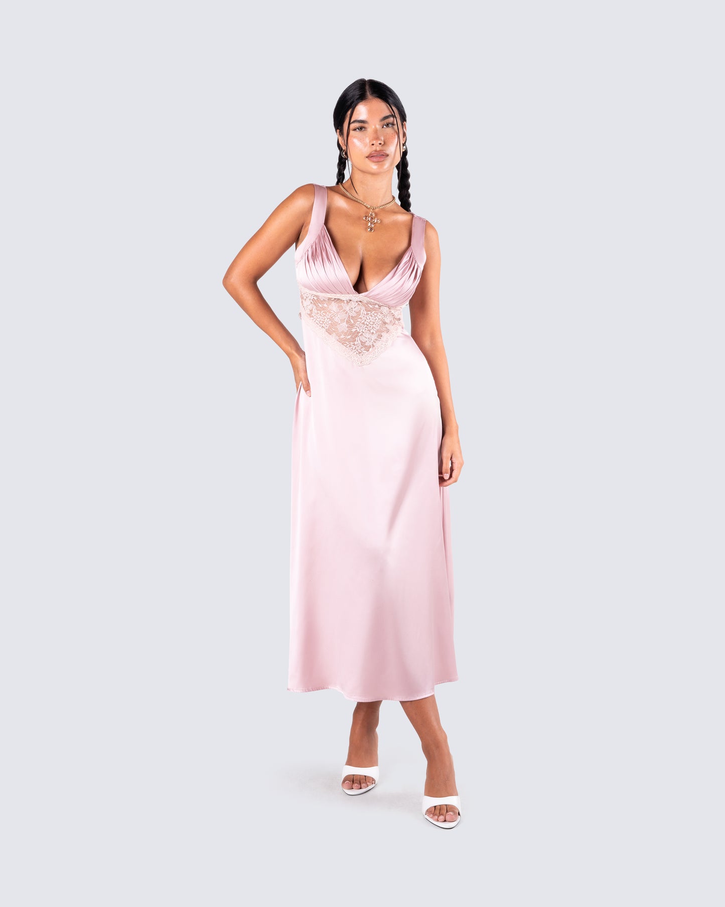 Saba Pink Satin Lace Midi Dress