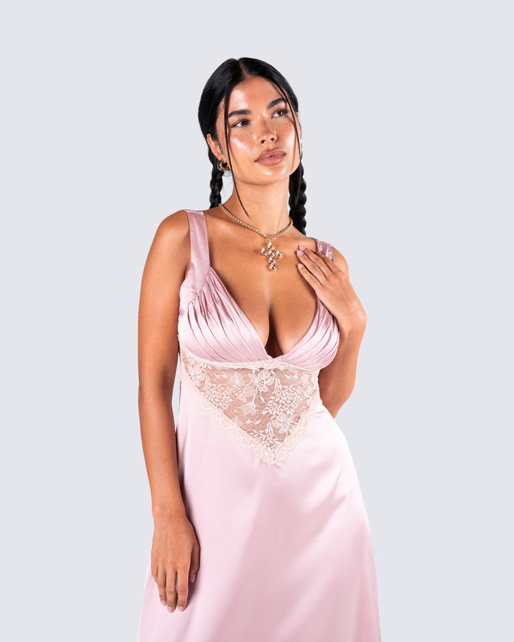 Saba Pink Satin Lace Midi Dress