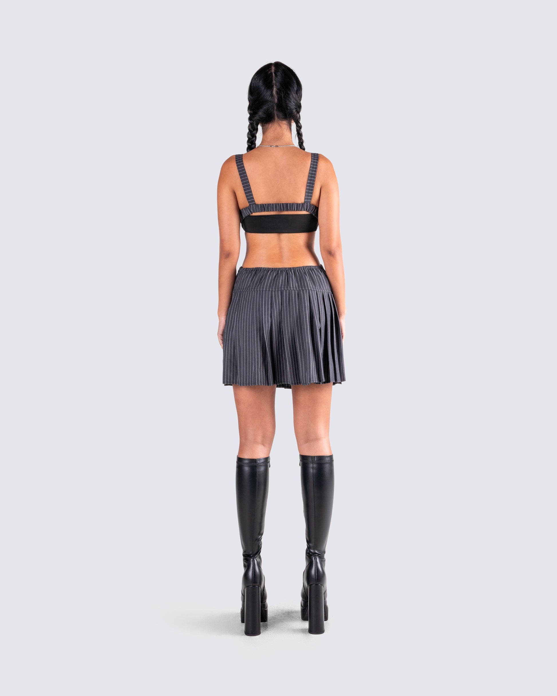 Grey Pinstripe Mini Dress - Cutout Sides Pleated Skirt FINESSE Grey Pinstripe Mini Dress - Cutout Sides Pleated Skirt FINESSE